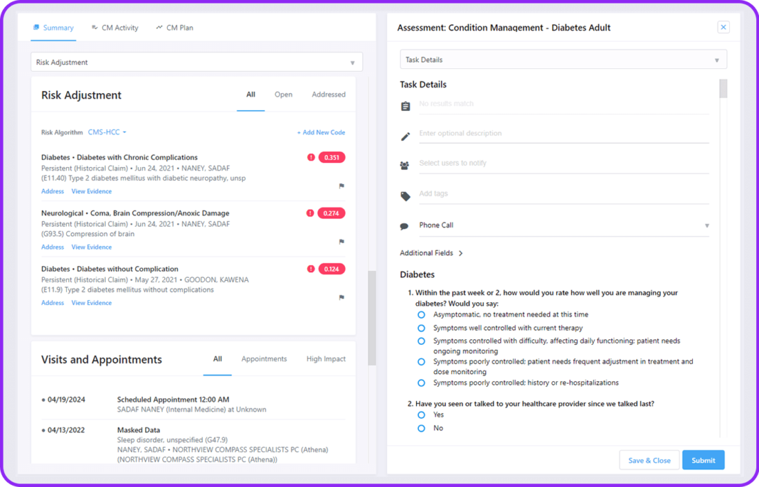 Arcadia Risk Adjustment Screen