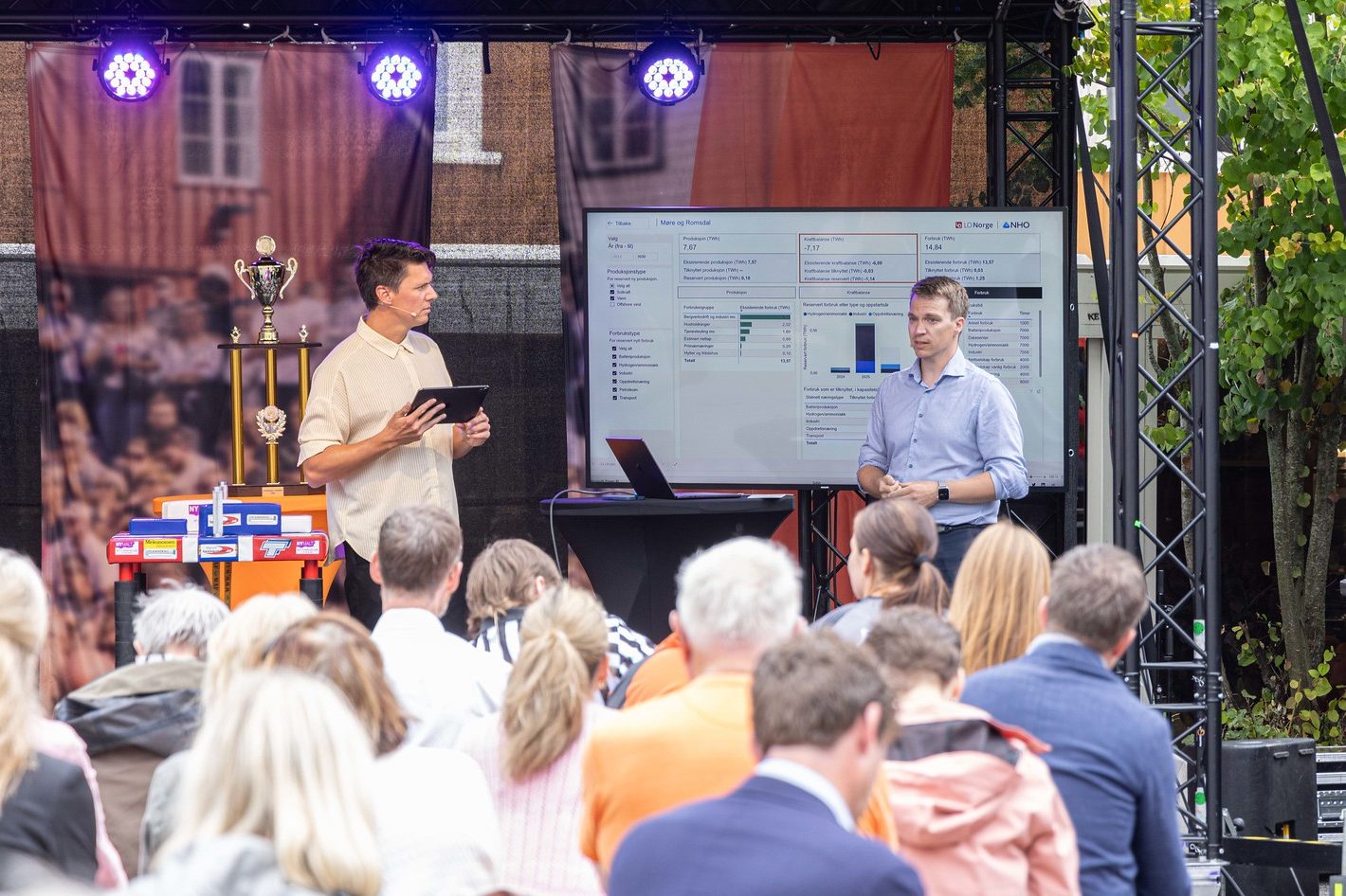 To menn holder en presentasjon på en scene foran et sittende publikum utendørs. Scenen har skjermer med grafer og er rigget med profesjonell belysning under et svart tak.