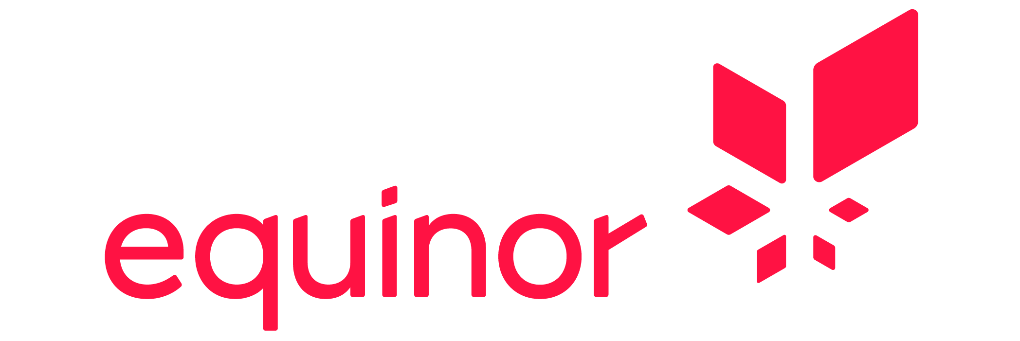 Logoen består av firmanavnet «equinor» skrevet med røde, små bokstaver i en moderne skrifttype. Til høyre for navnet er et stilisert rødt symbol som minner om en stjerne eller en vindmølle, satt sammen av geometriske ruteformer i ulike størrelser som stråler ut fra et felles midtpunkt.