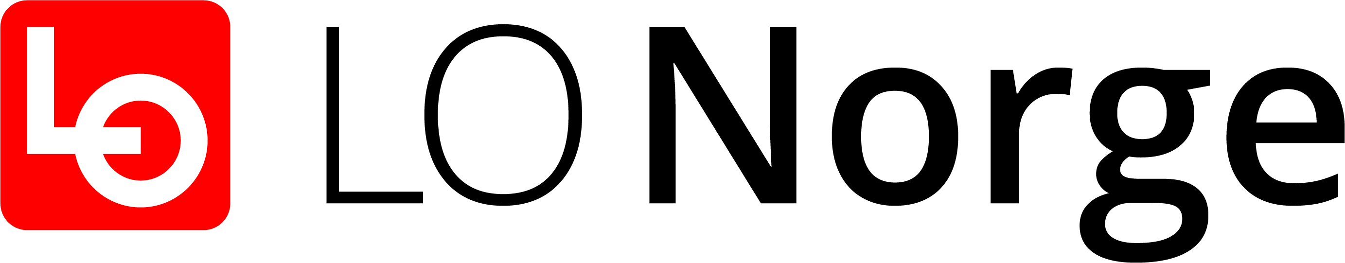 Logoen består av et rødt, kvadratisk ikon med avrundede hjørner til venstre, som inneholder bokstavene «LO» i hvitt, hvor bokstavene er flettet sammen. Til høyre for ikonet står teksten «LO Norge» med svarte, enkle bokstaver.