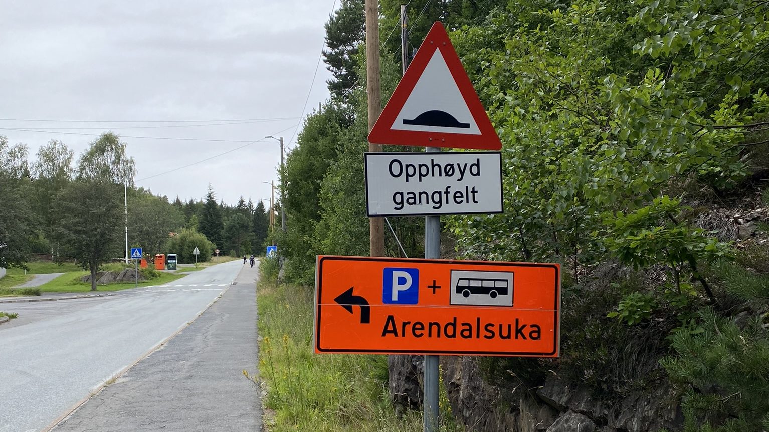 Et bilde tatt langs en asfaltert vei under en grå himmel. I forgrunnen står en skiltstolpe med tre skilt: Øverst et trekantet varselskilt for fartshump, under det et hvitt underskilt med teksten "Opphøyd gangfelt", og nederst et iøynefallende oransje skilt. Det oransje skiltet har en svart pil som peker til venstre, symboler for parkering (P) og buss, samt teksten "Arendalsuka". Veien strekker seg innover i bakgrunnen med grønne trær og busker på begge sider.
