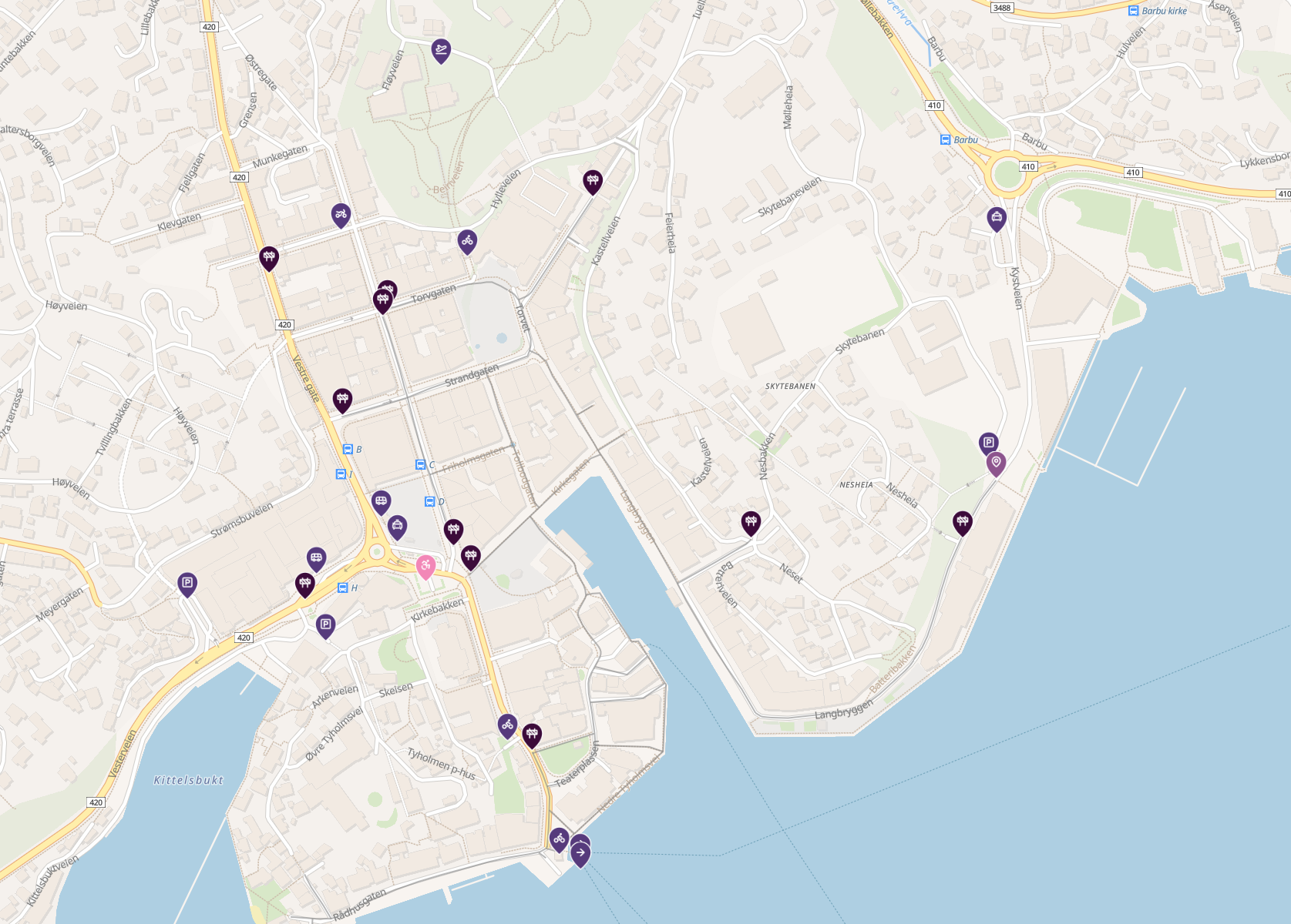 Kart over Arendal sentrum med trafikksymboler