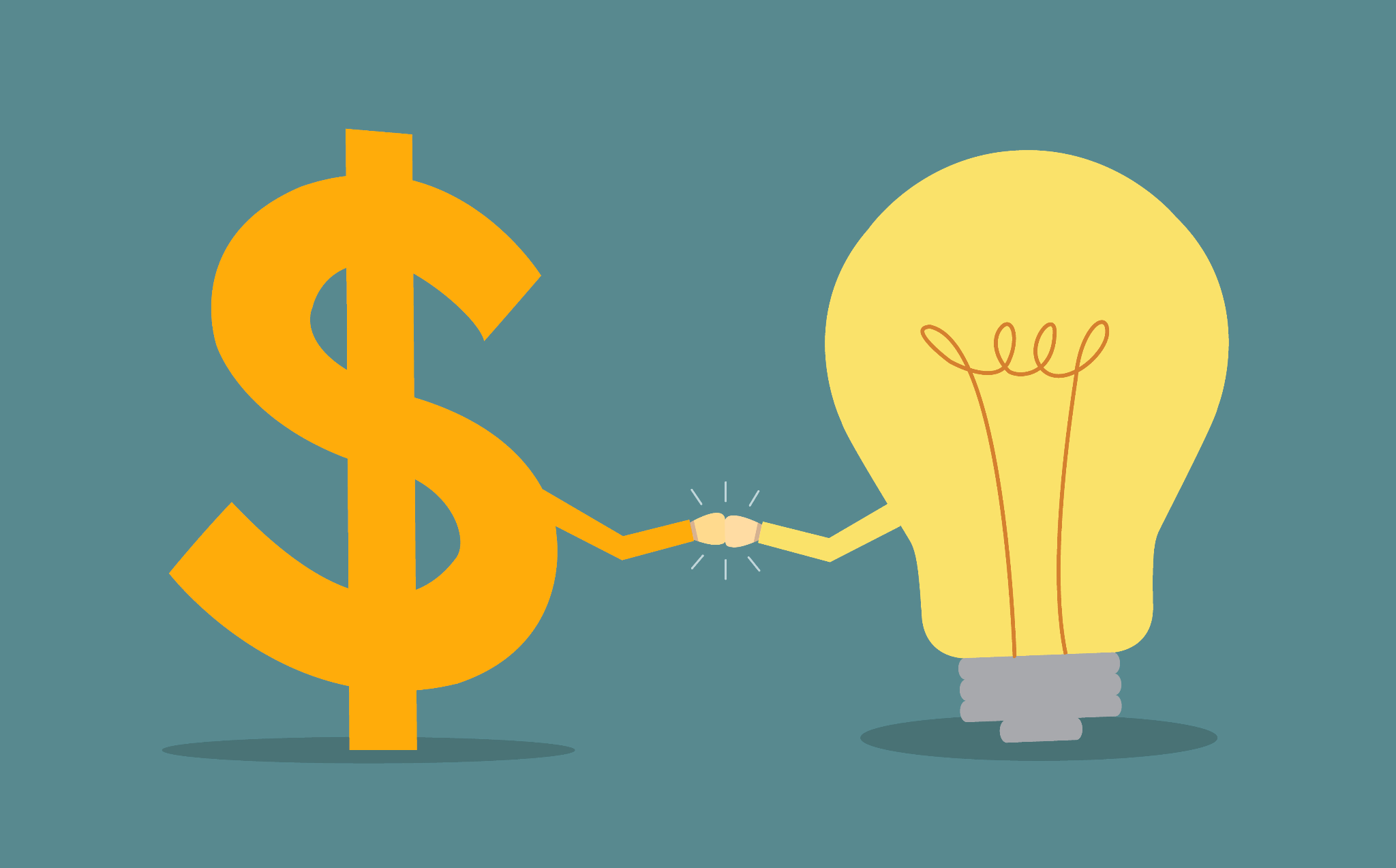 Graphic of a dollar and a light bulb doing fist bumb