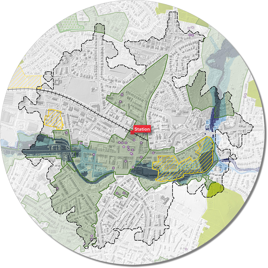 Excerpt demonstrating the application of NPPF policy by identifying an 800 metres catchment radius surrounding a well-connected urban railway station, alongside a slightly reduced 10 minute walking-distance catchment and a range of relevant planning and environmental constraints