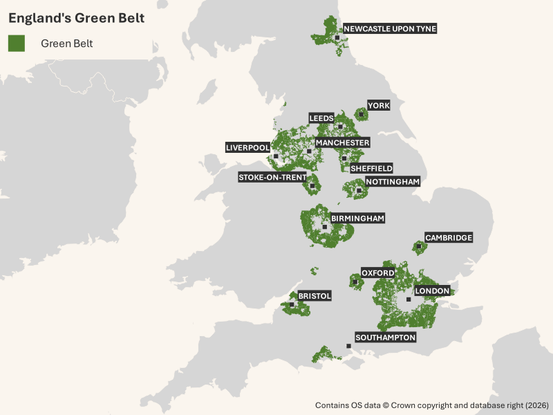 Map of England showing the distribution of Green Belt land. Green Belt areas are highlighted in green including London, Birmingham, Manchester, Liverpool, Leeds, Sheffield, York, Newcastle upon Tyne, Nottingham, Oxford, Cambridge, Bristol, Southampton and Stoke-on-Trent.