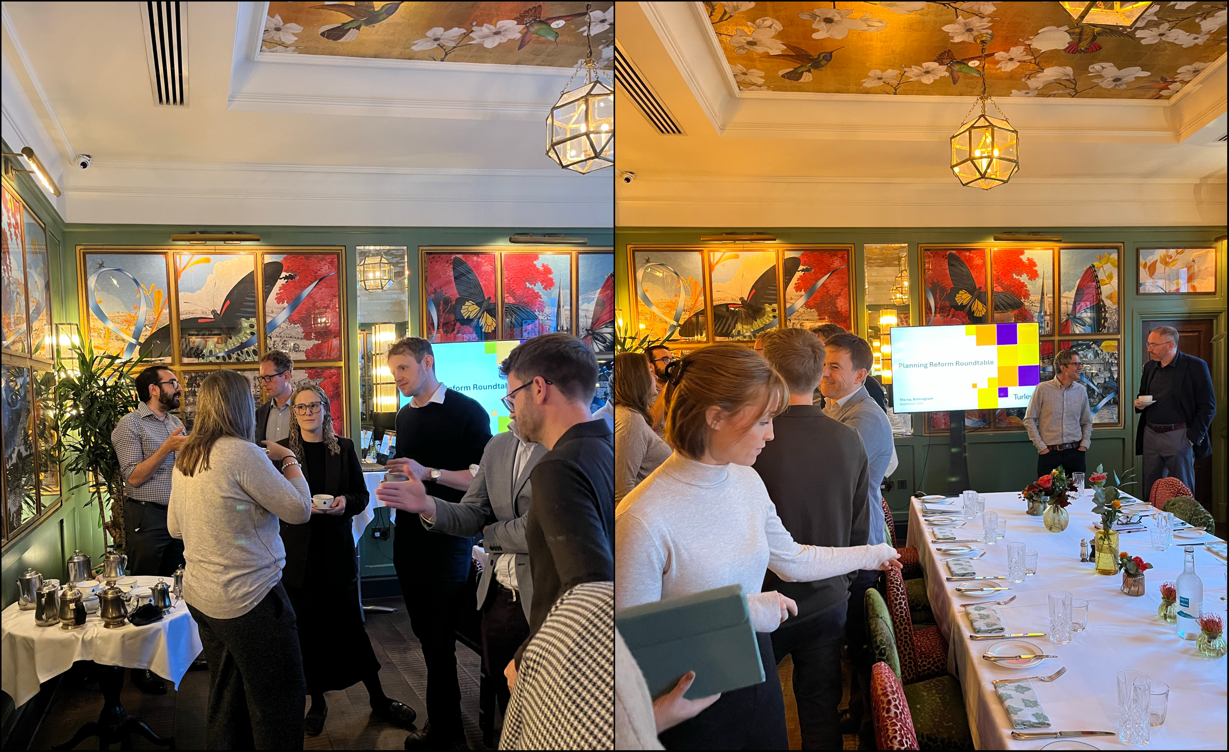 Collage of two photographs from a roundtable event in an ornate private dining room. Several attendees are gathered networking. The room features green-panelled walls, decorative artwork with butterfly motifs, floral ceiling murals and pendant lighting. In the background, a presentation screen displays the title “Planning Reform Roundtable” alongside the Turley branding and logo. A long table is set with place settings, glasses and floral arrangements.