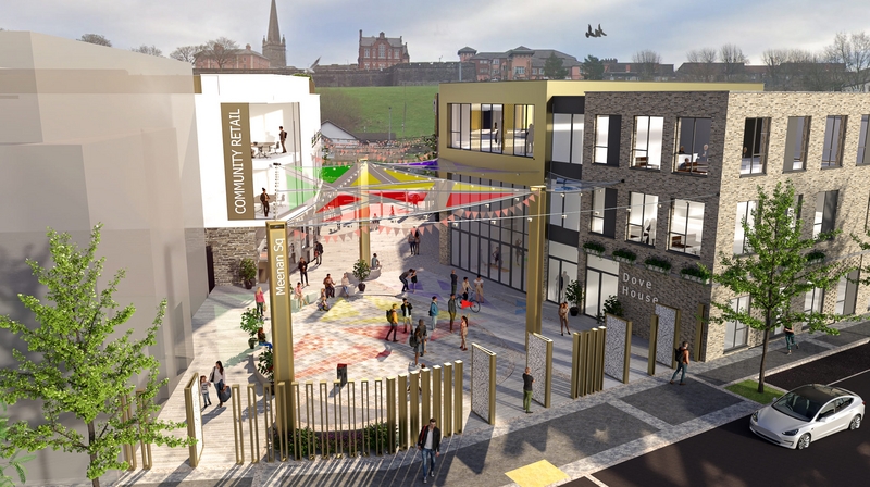 An aerial CGI view of the proposed development at Meenan Square