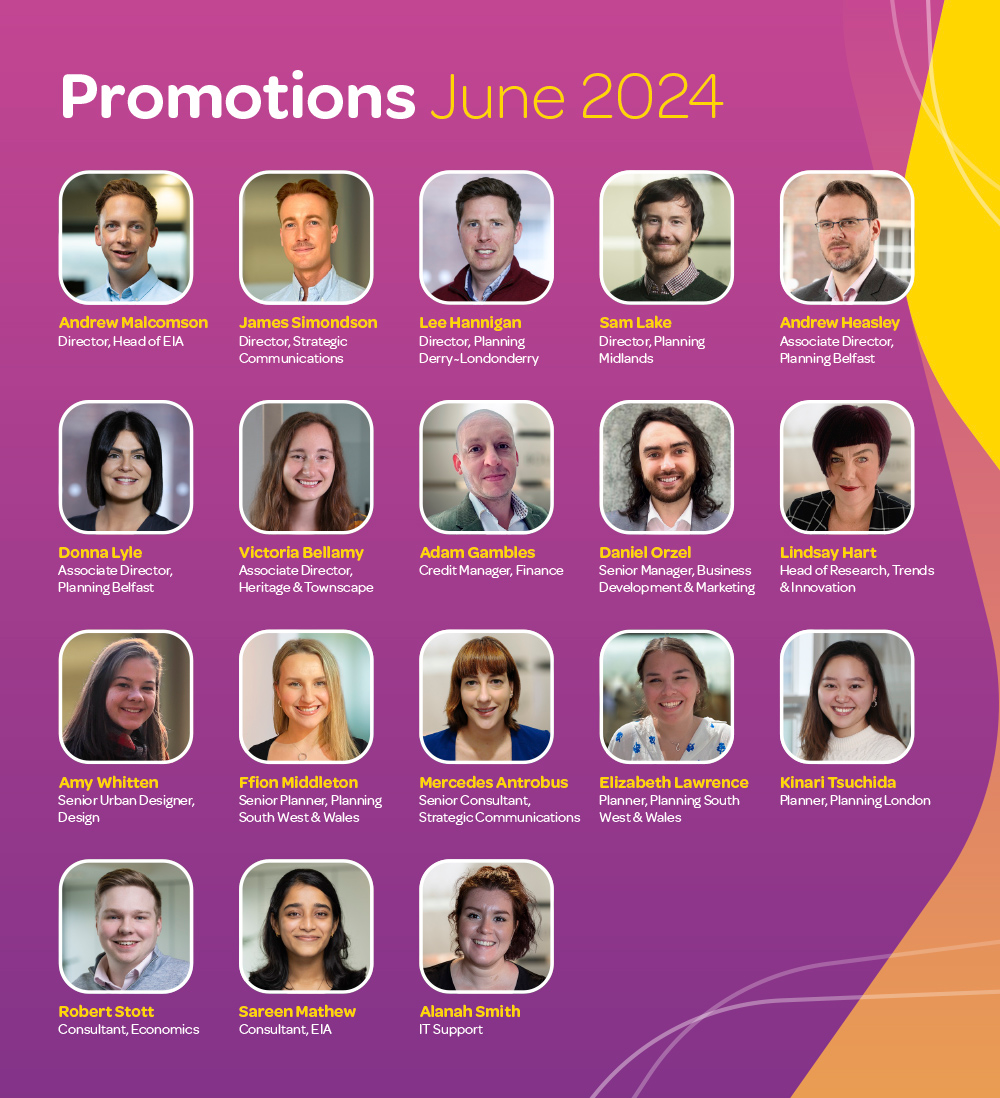 “Promotions June 2024” on a purple gradient background with yellow accents, featuring a grid of 18 staff headshots in rounded frames. Each headshot has a name and job title beneath. Names listed include Andrew Malcomson (Director, Head of EIA), James Simondson (Director, Strategic Communications), Lee Hannigan (Director, Planning Derry–Londonderry), Sam Lake (Director, Planning Midlands), Andrew Heasley (Associate Director, Planning Belfast), Donna Lyle (Associate Director, Planning Belfast), Victoria Bellamy (Associate Director, Heritage & Townscape), Adam Gambles (Credit Manager, Finance), Daniel Orzel (Senior Manager, Business Development & Marketing), Lindsay Hart (Head of Research, Trends & Innovation), Amy Whitten (Senior Urban Designer, Design), Ffion Middleton (Senior Planner, Planning South West & Wales), Mercedes Antrobus (Senior Consultant, Strategic Communications), Elizabeth Lawrence (Planner, Planning South West & Wales), Kinari Tsuchida (Planner, Planning London), Robert Stott (Consultant, Economics), Sareen Mathew (Consultant, EIA), and Alanah Smith (IT Support).