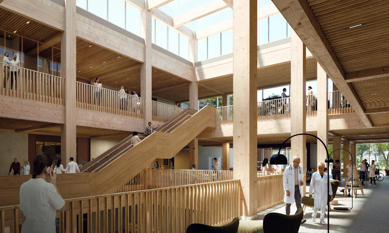 Centrepiece of the project, the Lolfa, a flexible space for meeting, waiting, conversation and access to all the hospital departments