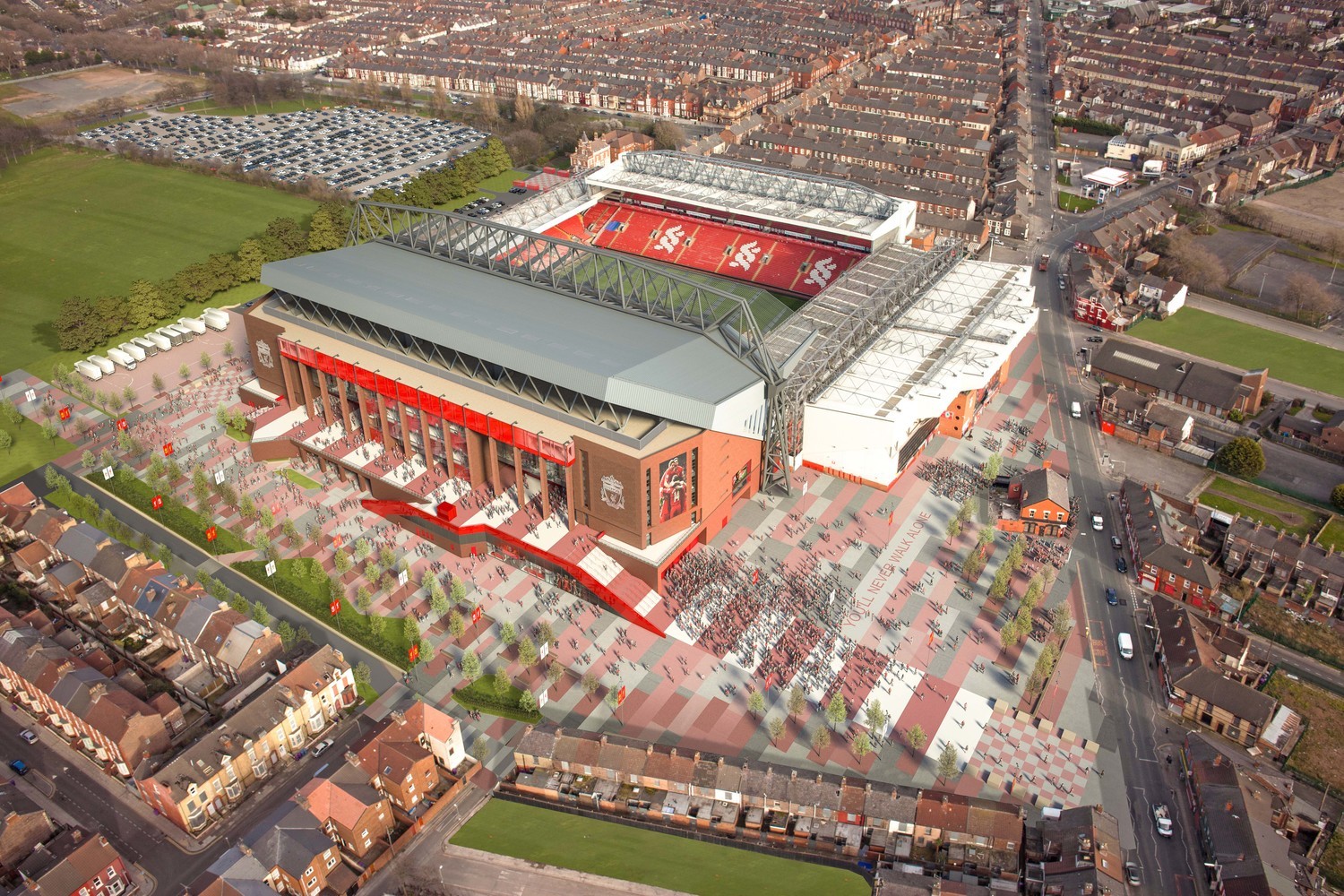 High-angle aerial view of Anfield Stadium within a dense residential area of Liverpool, showing the expanded Main Stand, redesigned public plaza, tree-lined walkways, and surrounding streets.