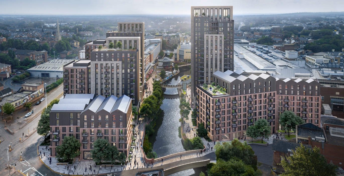 Aerial architectural rendering of a mixed-use residential development beside a canal, featuring several mid- and high-rise apartment buildings, pedestrian walkways, landscaped public spaces, and bridges connecting the waterfront community to the surrounding town centre.