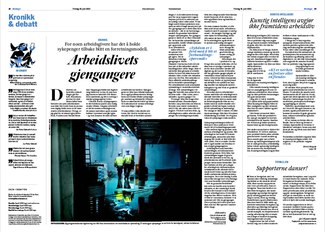 Foto: Faksimile av kronikke i avisen Klassekampen som omhandler arbeidslivskriminalitet.