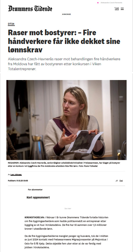 Faksimile: Fra nettavis med kvinne på bilde. Tittelen er "Raser mot bobestyrer: – Fire håndverkere får ikke dekket sine lønnskrav".