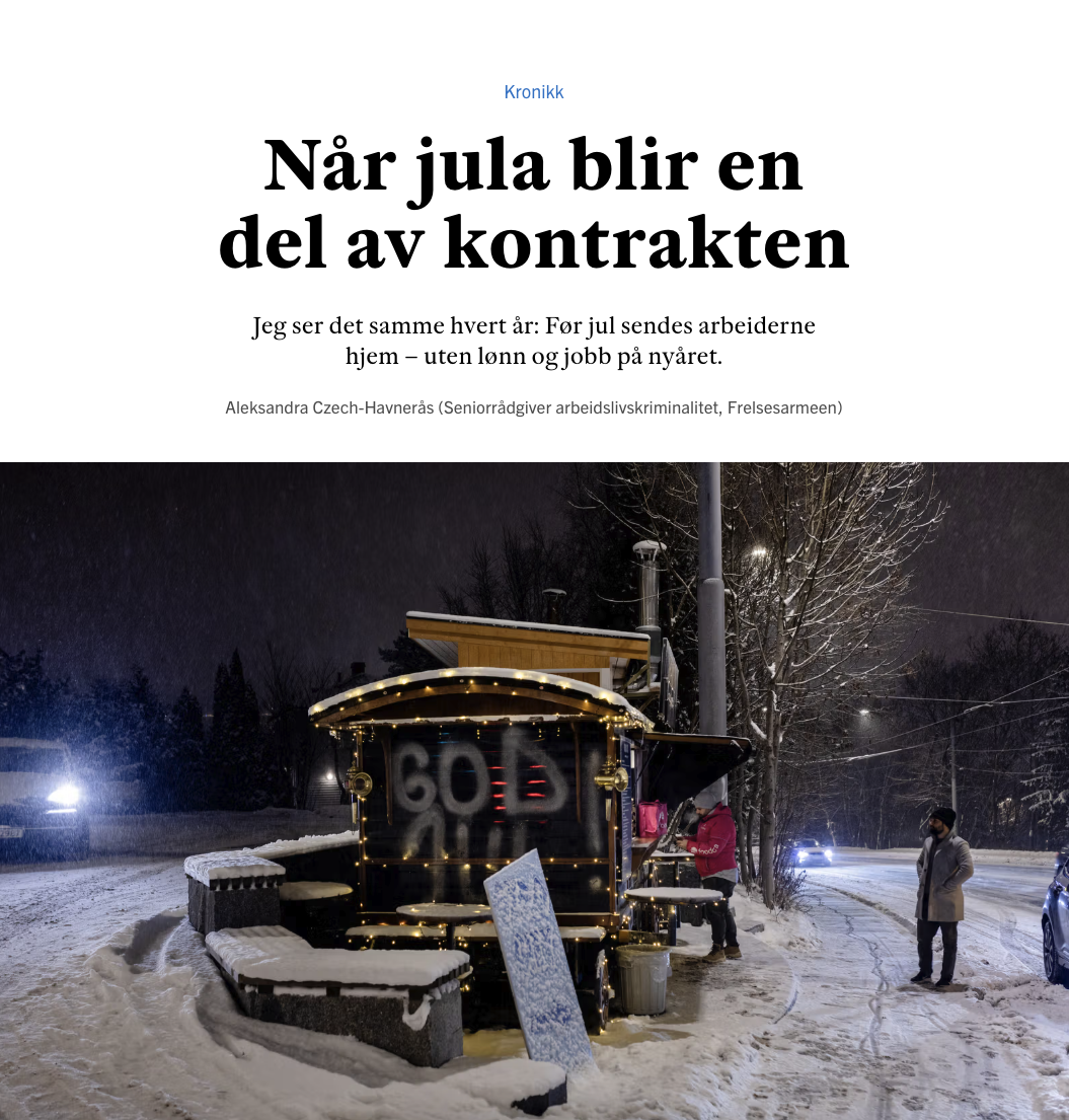 Faksimile: Fra nettavis med bilde av en salgsbod ute i snøen. Tittel: "Når jula blir en del av kontrakten".