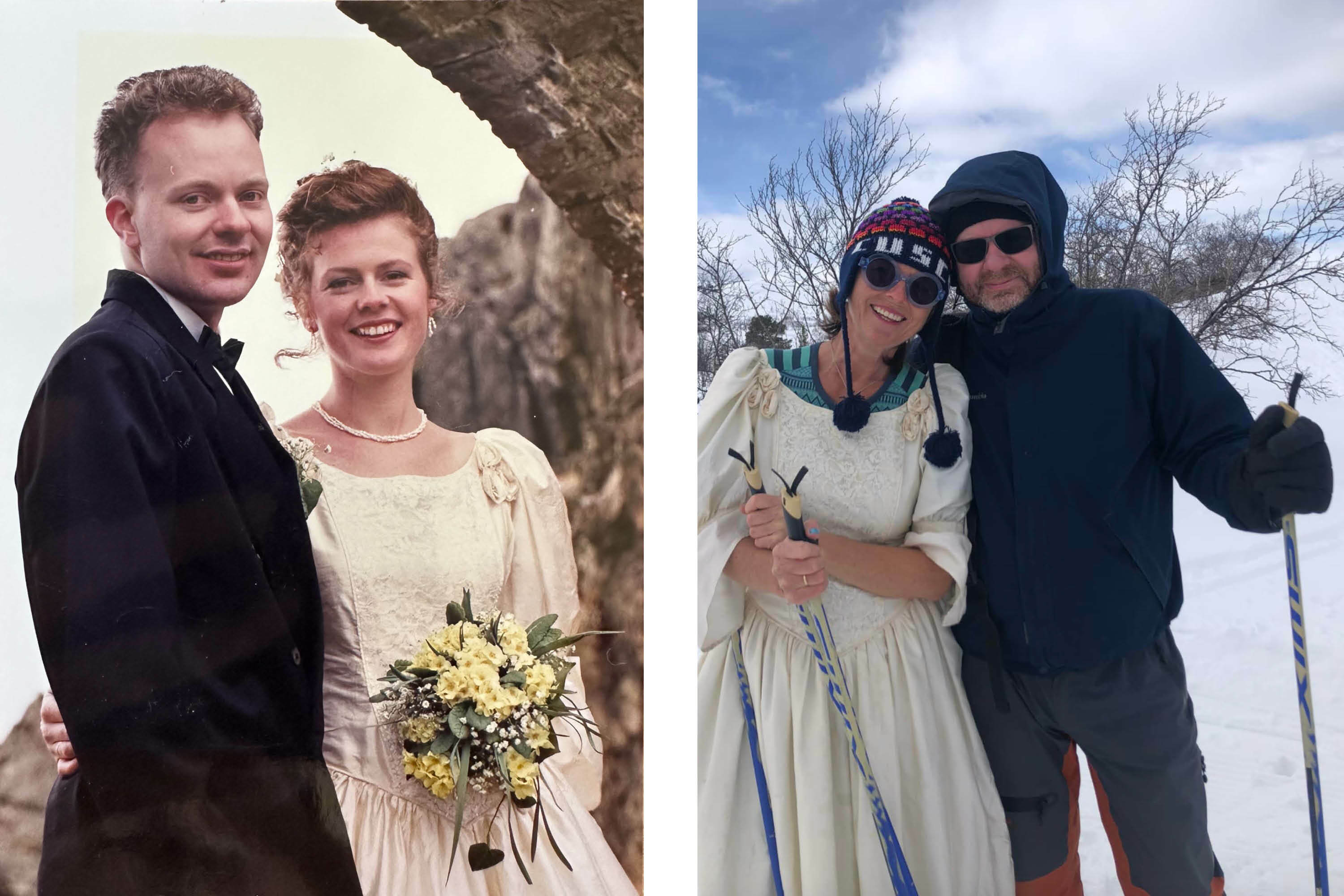 Foto: To ulike bilder, først av brudeparet som nygifte og deretter av dem tre tiår senere på fjellet. Hun går på ski i brudekjolen.