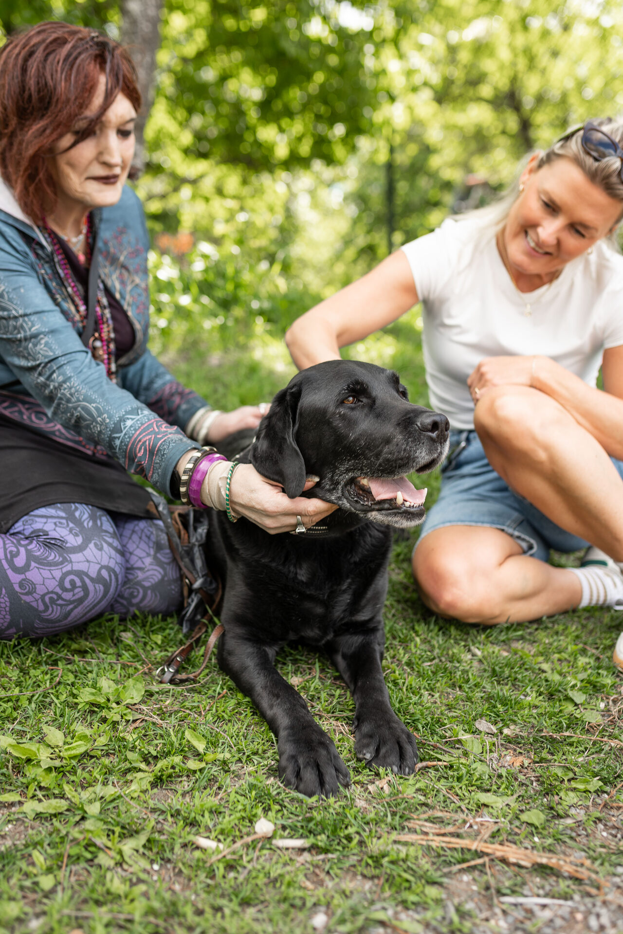 Foto: To kvinner sitter på gresset med en hund som ligger mellom dem. Begge ser på hunden. Den ene kvinnen har på seg blå olajakke, svart skjørt og mønstrede lilla strømpebukser, og holder på siden av hundens ansikt.  Den andre kvinnen har på seg blå shorts oghvit t-skjorte, og klapper hunden på ryggen.