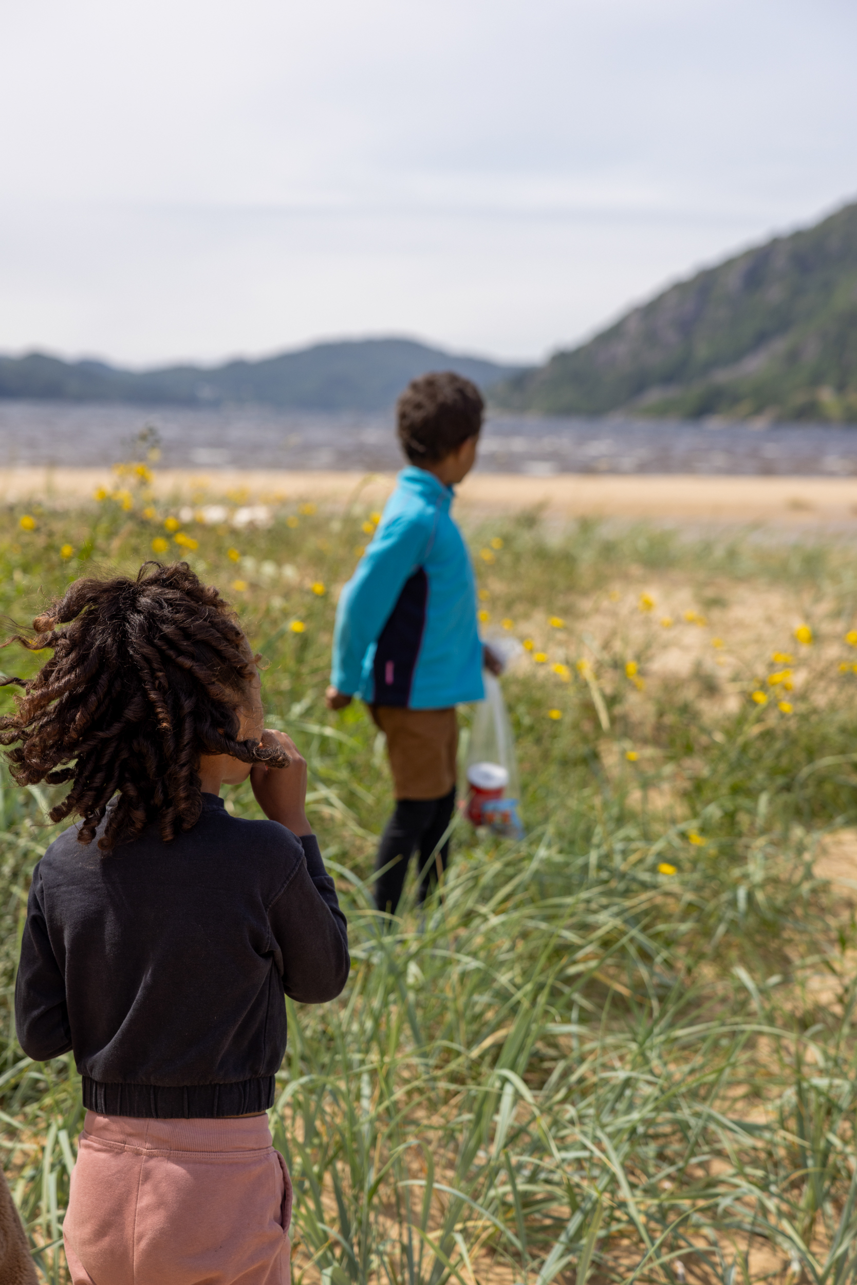 Foto: Av to barn som står til knes i bloster og strå like før stranda.