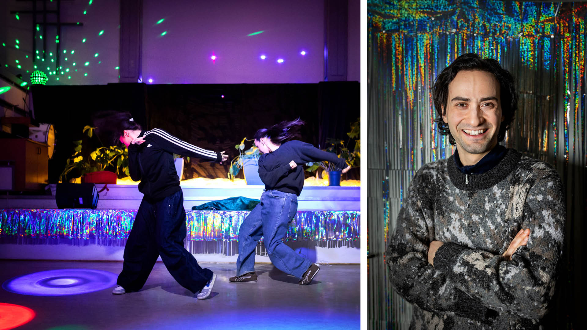 Foto: To bilder satt sammen. Det første viser to jenter som danser i flerfarget lys. De har på seg treningsjakker og baggy bukser. Ved siden av står en ung mann med mørkt hår og brune øyne og smiler på en glitrende disco-bakgrunn.