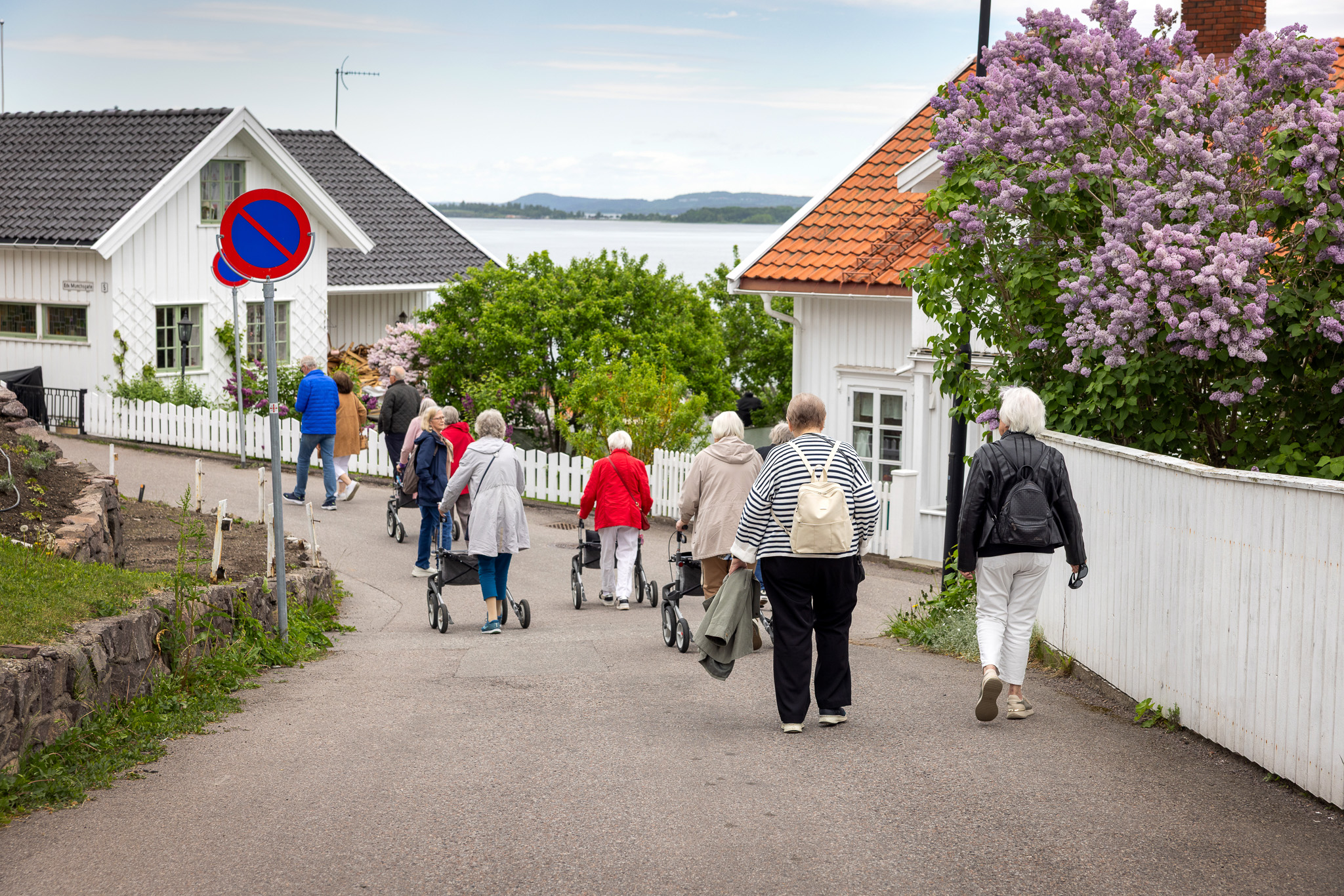 En gjeng eldre mennesker går ned en gate med hvitmale hus og Oslofjorden i bakgrunnen.
