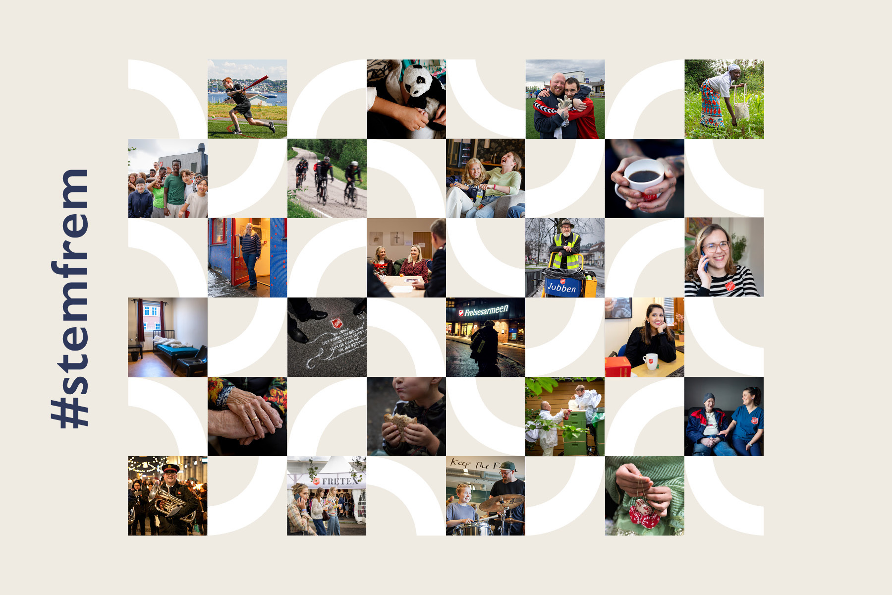 Illustrasjon: Sjakkmønster med bilder av folk eller ting i Frelsesarmeen og ellers hvite felt på beige bakgrunn. På ene siden står det skrevet: #stemfrem