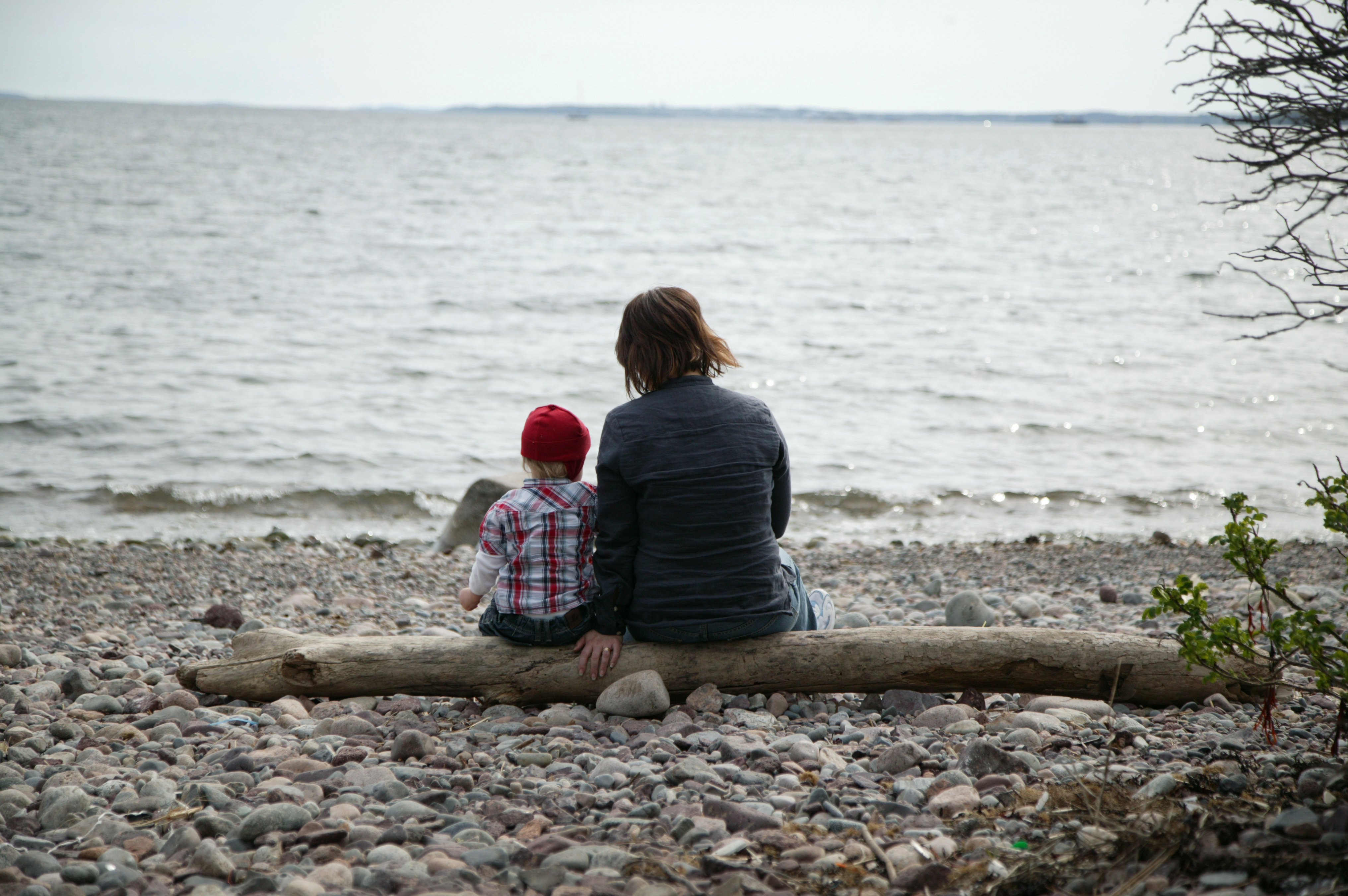 Foto: Kvinne og bar sitter på en trestokk på en steinete strand. De ser ut over sjøen. Det er sommer, men gråvær.