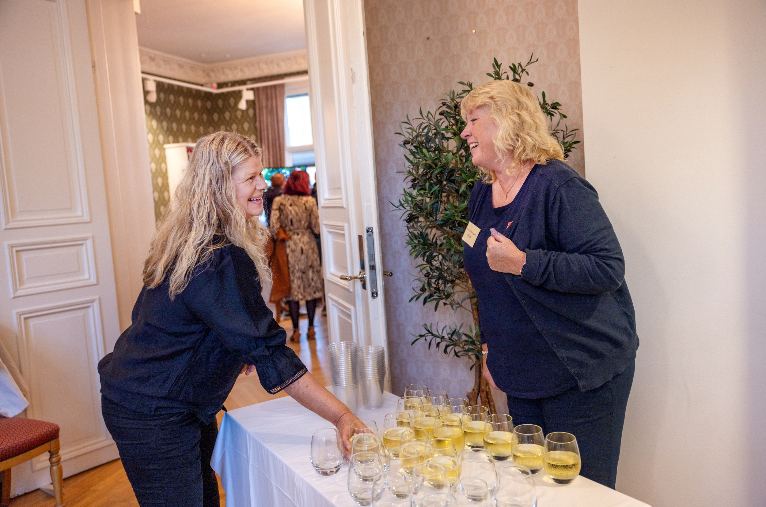 To blonde kvinner i 50-årene prater sammen over rekker med brus i glass. Det er hvit duk på bordet og lokalene har pen tapet og høye, gamle dører.