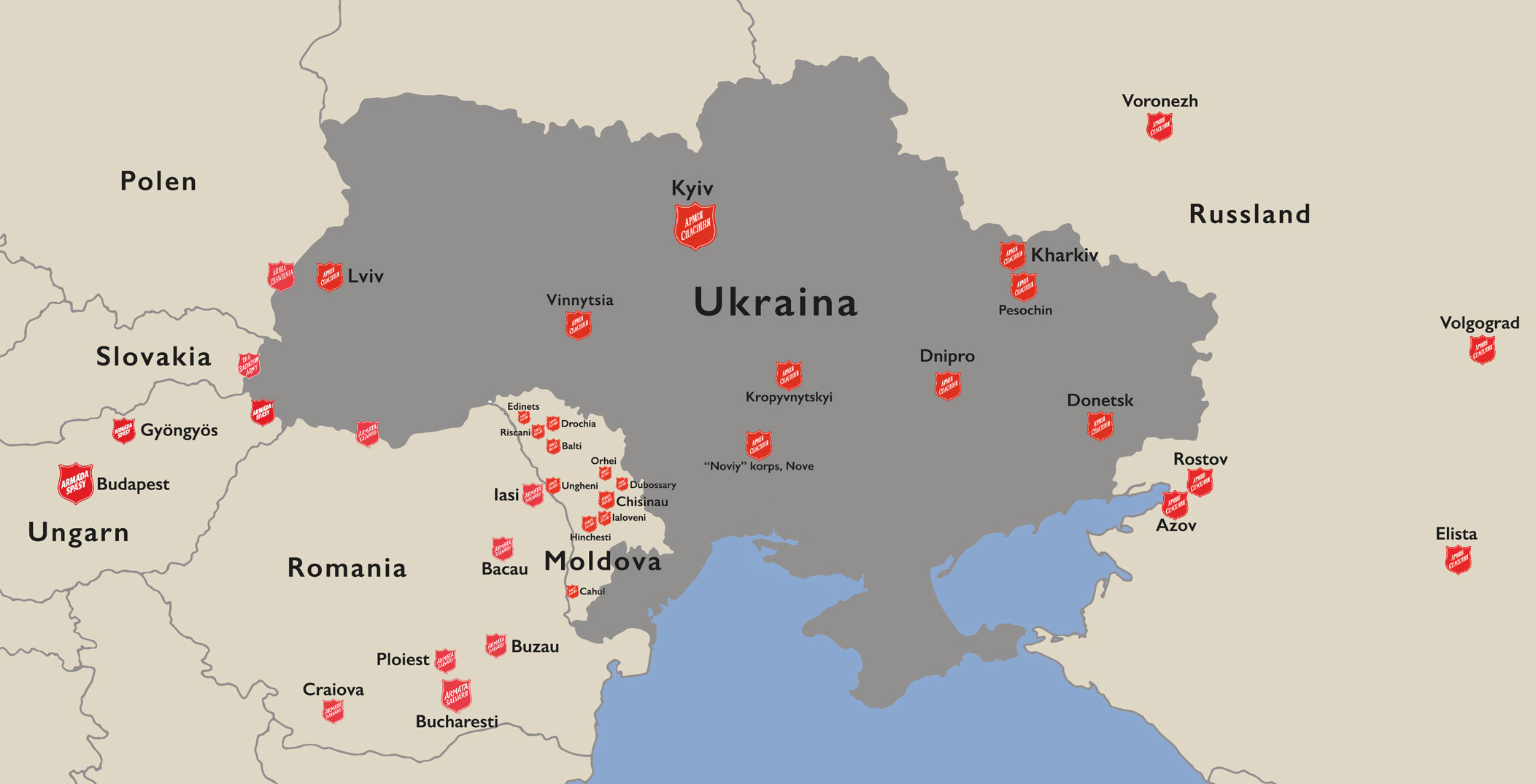 Illustrasjon: Kart i grått over Ukraina med små røde skjold som viser hvor Frelsesarmeen driver sin virksomhet. Det er også markert hvor Armeen holder til i naboland som Romania og Russland.