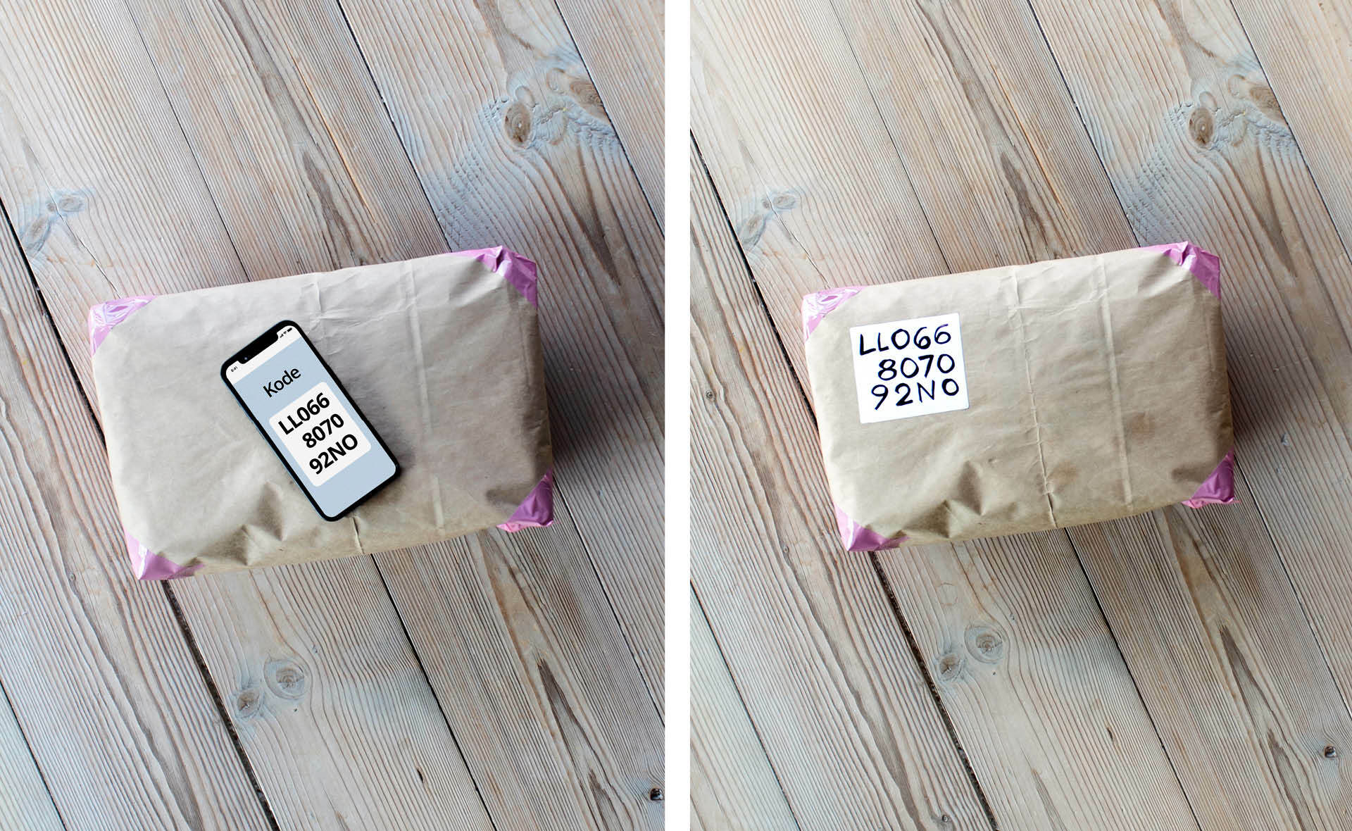 Foto: To ulike bilder av samme pakke i gråpapir satt sammen ved siden av hverandre. Det første bildet har en mobil liggende oppå der det står et siffer. På neste bilde eter dette sifferet skrevet rett på pakken.