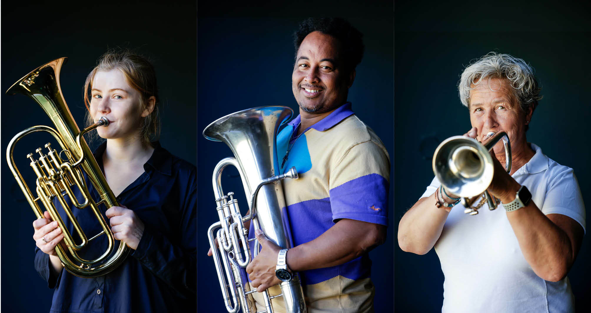 Foto: Tre bilder etter hverandre med tre personer som spiller hvert sitt brassinstrument – en ung kvinne, en voksen mann og en eldre kvinne.