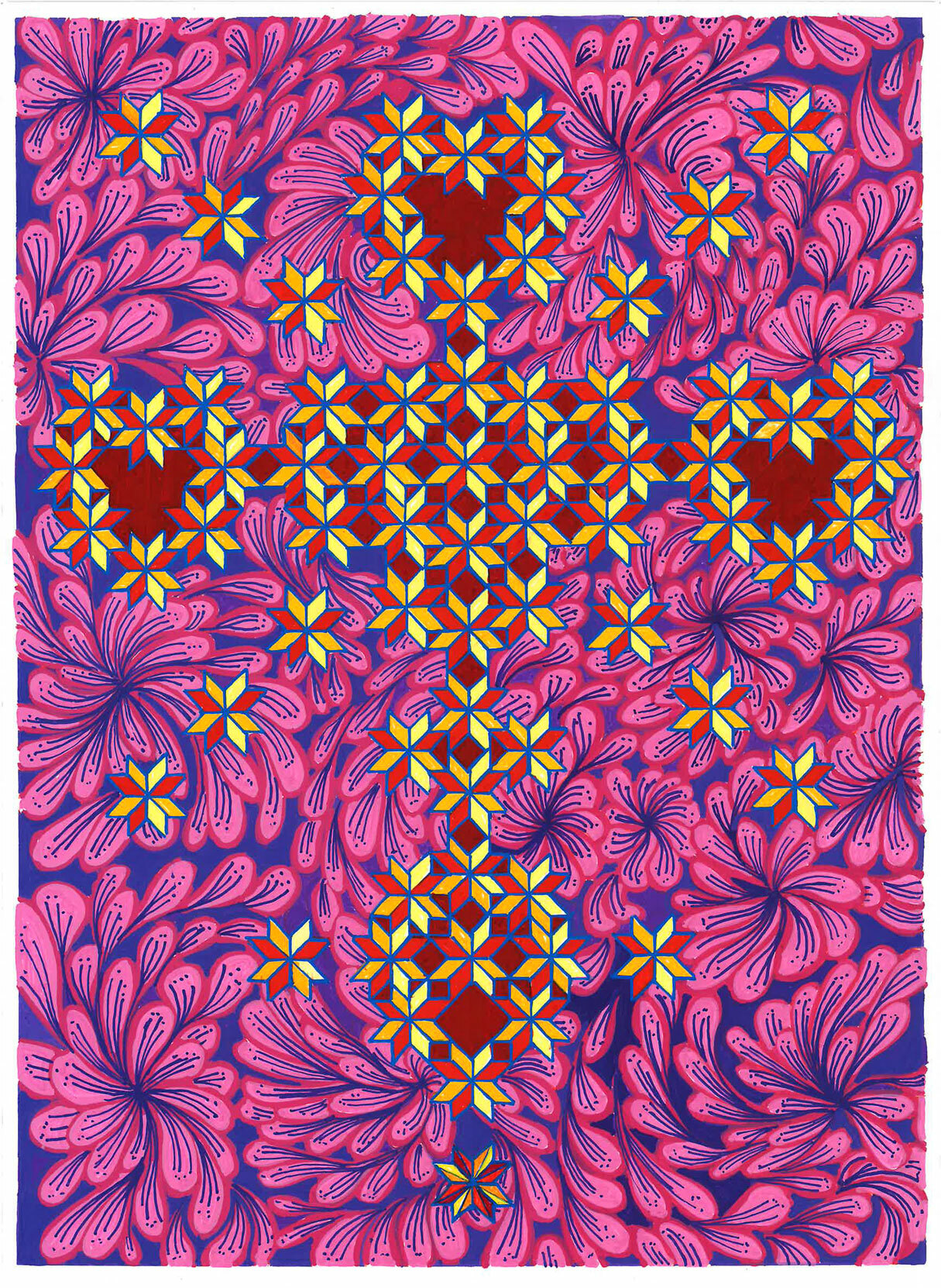 Illustrasjon: Rosa blomstrete bakgrunn. Over ligger et rødt kors omkranset av gule stjerner.