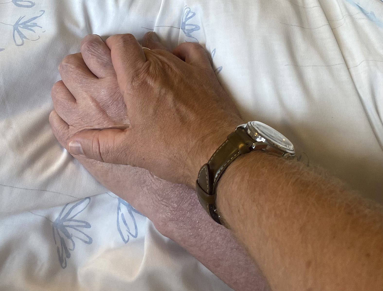 Foto: To mannshender, der den solbrune og yngre med klokke på holder sin over en bleik, eldre hånd. Hendene ligger oppå et beige sengetrekk med blå blomster.