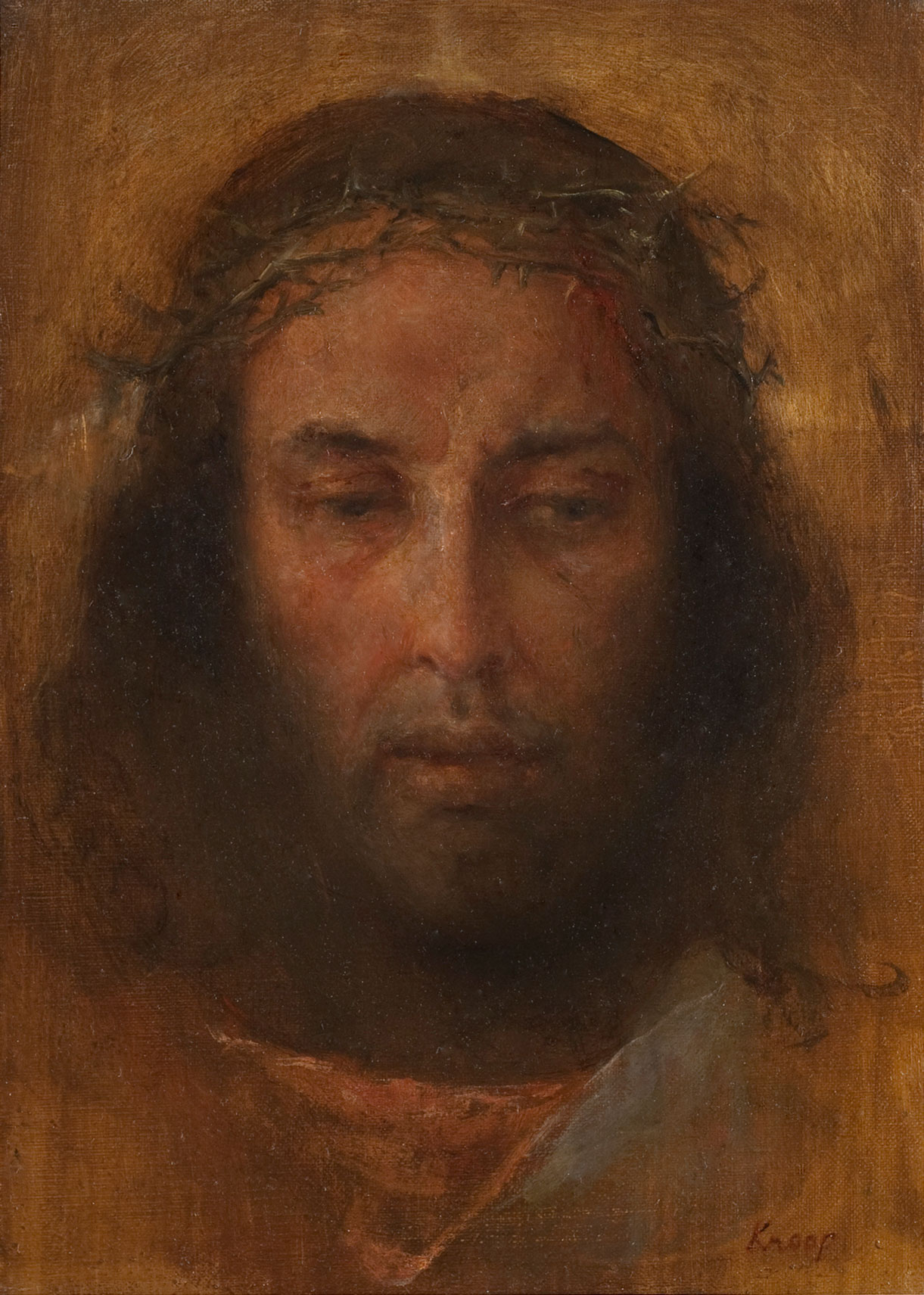 Maleri: Av en blodig mann med langt hår pg tornekrone rundt hodet. Fargene er som hentet fra jorden og går i gyllen beige, rosa og brun. fra beige, rosa og brunt.