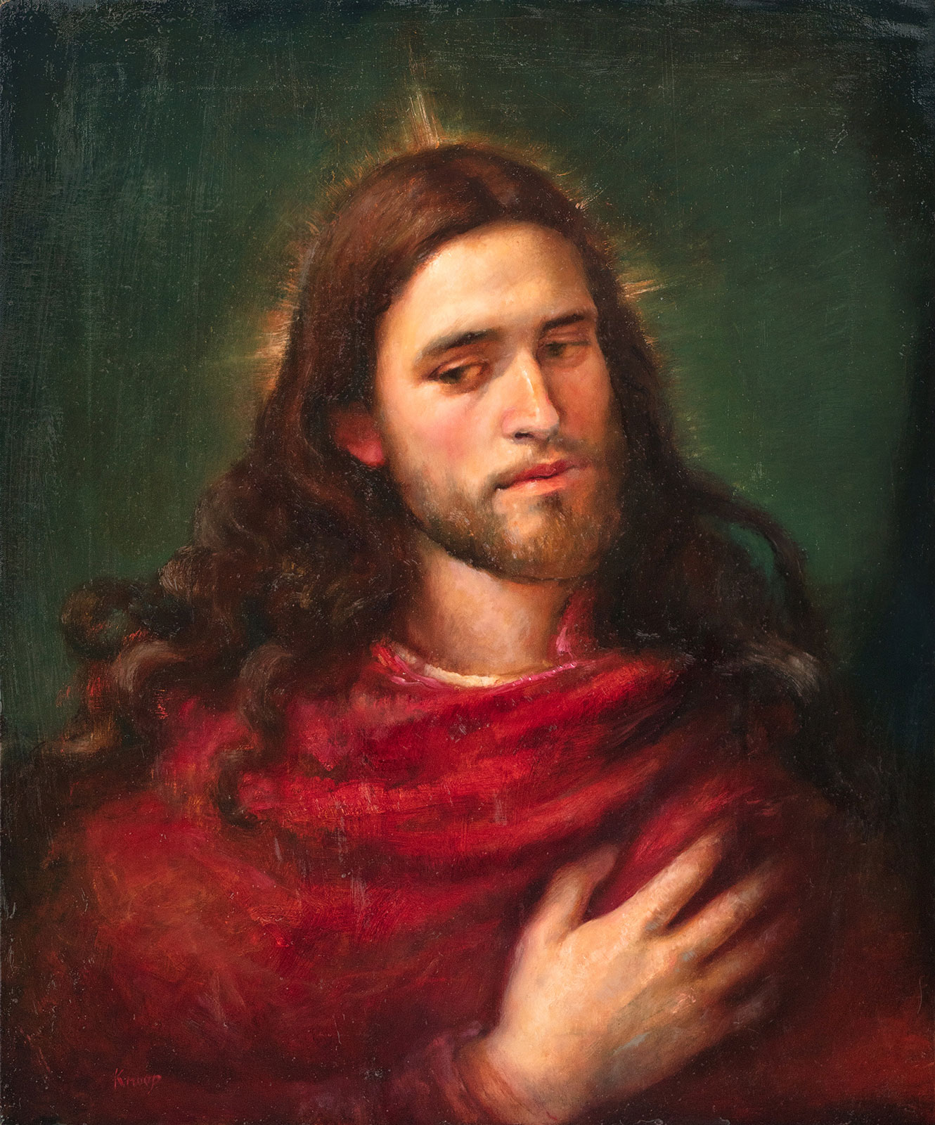 Maleri: Av en mann som ligner på Jesus i en rød kappe og med mørkt, langt hår.