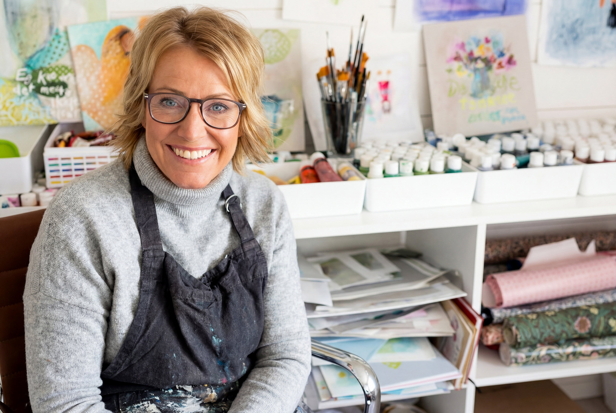 Kvinnelig kunstner med forkle på, sitter på en stol med kunst i bakgrunnen