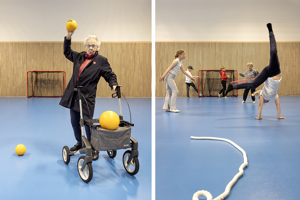 Foto: To bilder satt sammen fra en gymsal med blått gulvbelegg. På det første kaster en gammel dame med rullator en gul ball mot fotografen. Det ligger to andre gule baller rundt henne. På det andre bilder er det fem barn som leker på gulvet. En av dem står på hodet.
