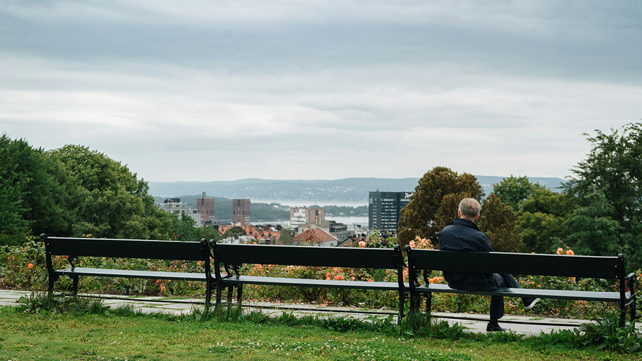 En mann sitter alene på en benk i en park på en høyde. Bak ham er utsikt utover byen.