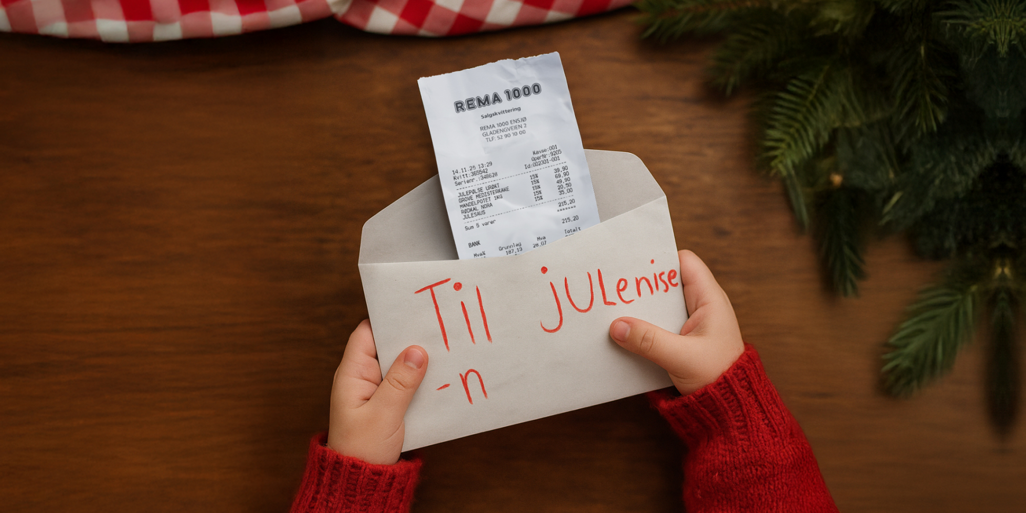 Foto: To barnehender holder en konvolutt med rød skrift på. Oppi er en kvittering fra Rema. På konvolutten står det med bokstaver skrevet av et barn i litt ulik størrelse: Til julenissen.