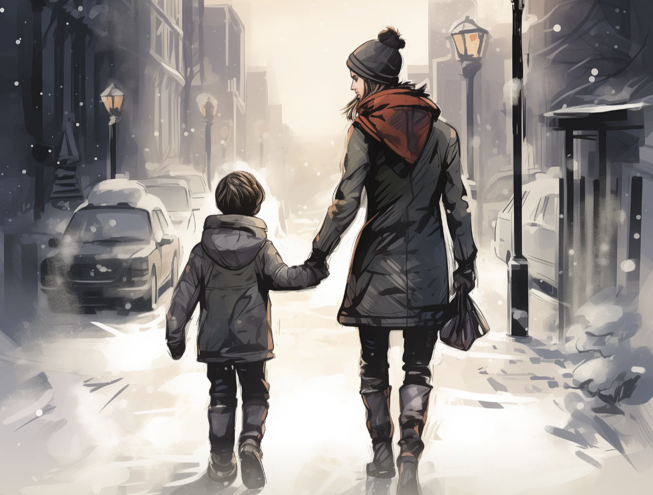 Illustrasjon: Av mor og sønn i vinterklær som går nedover ei gate i snøværet. De holder hender.
