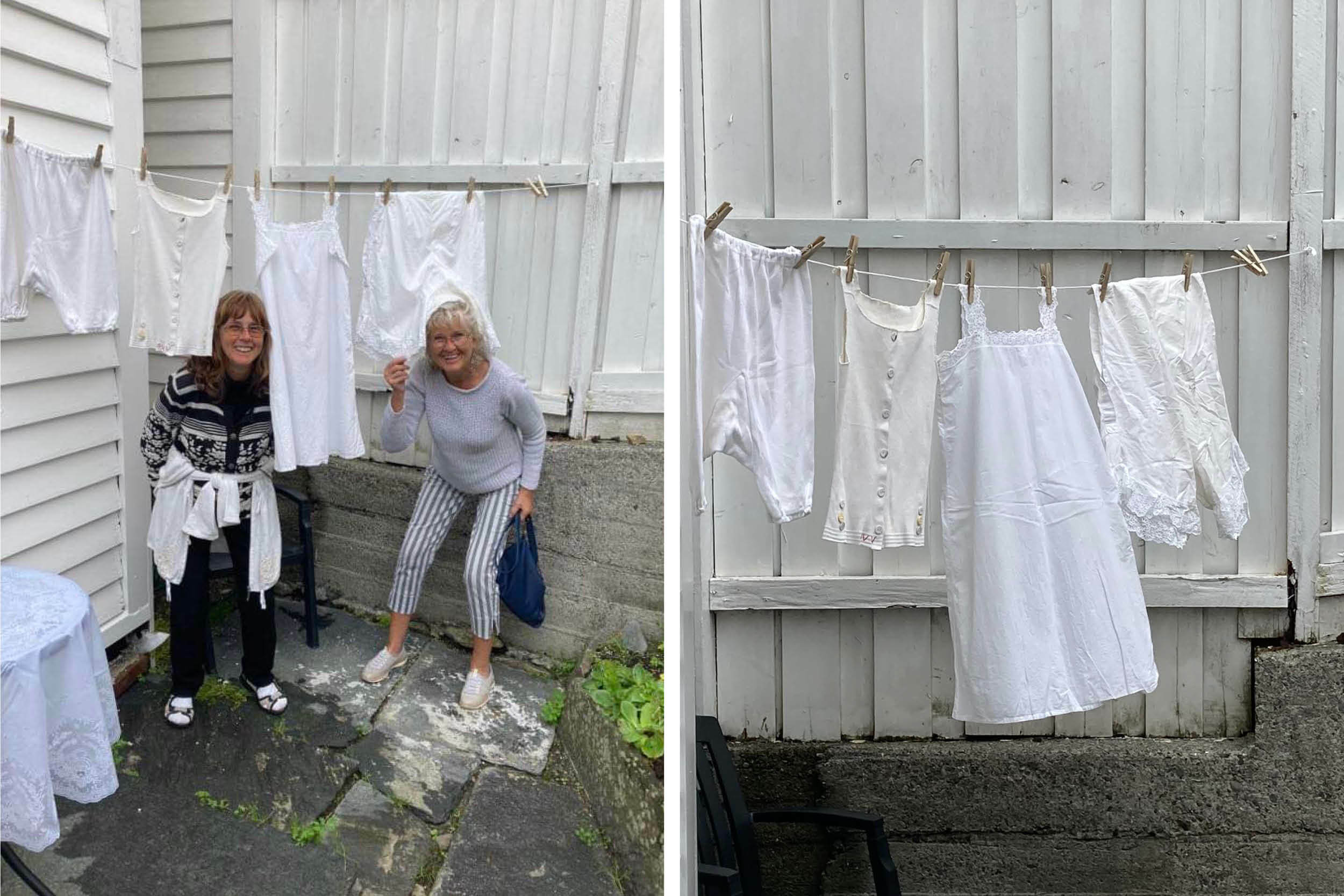 To bilder som begge viser en snor med gammelt undertøy som henger til tørk. På det ene  bildet står to kvinner innimellom klesvasken og ler.