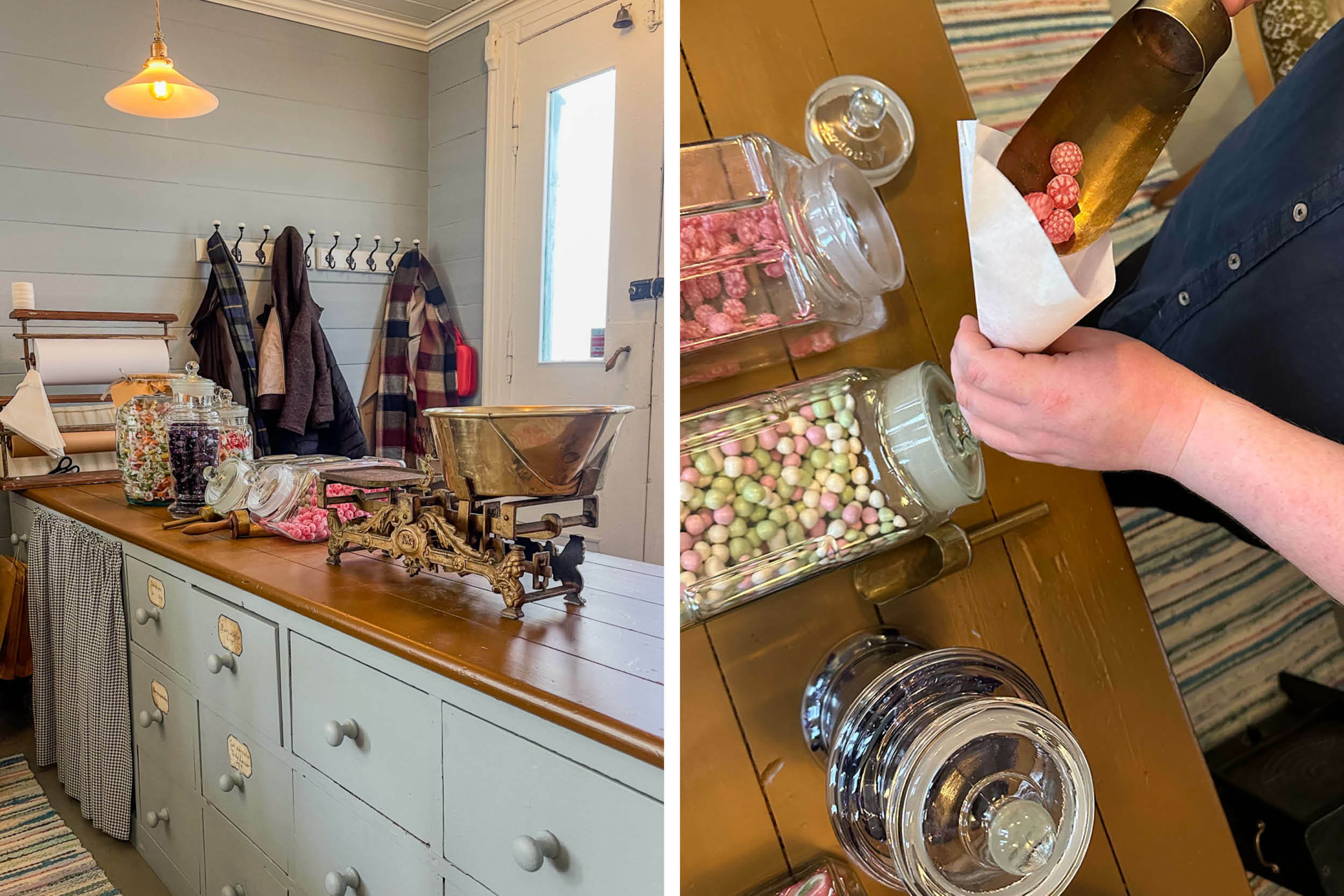 To bilder der det første viser en gammel kjøpmannsdisk med flere krukker oppå, og det andre viser en hånd som fyller sukkertøy fra krukkene og opp i et kremmerhus i papir.