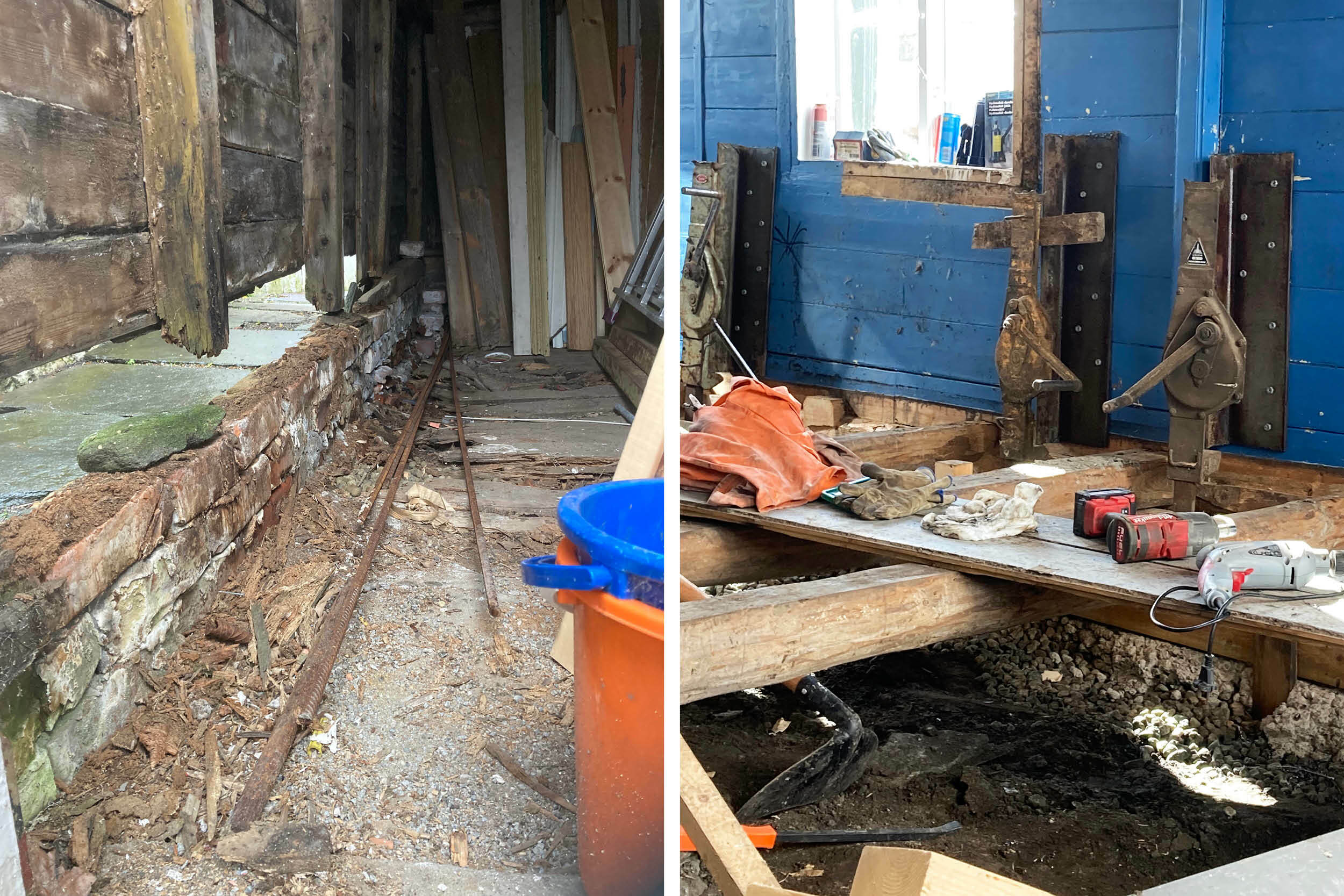 To bilder ved siden av hverandre i høyden. Det første viser en planke i veggen som er fjernet – en ser rett ut på gata. Det andre bildet viser gruslaget under bjelkene og tre jekker.