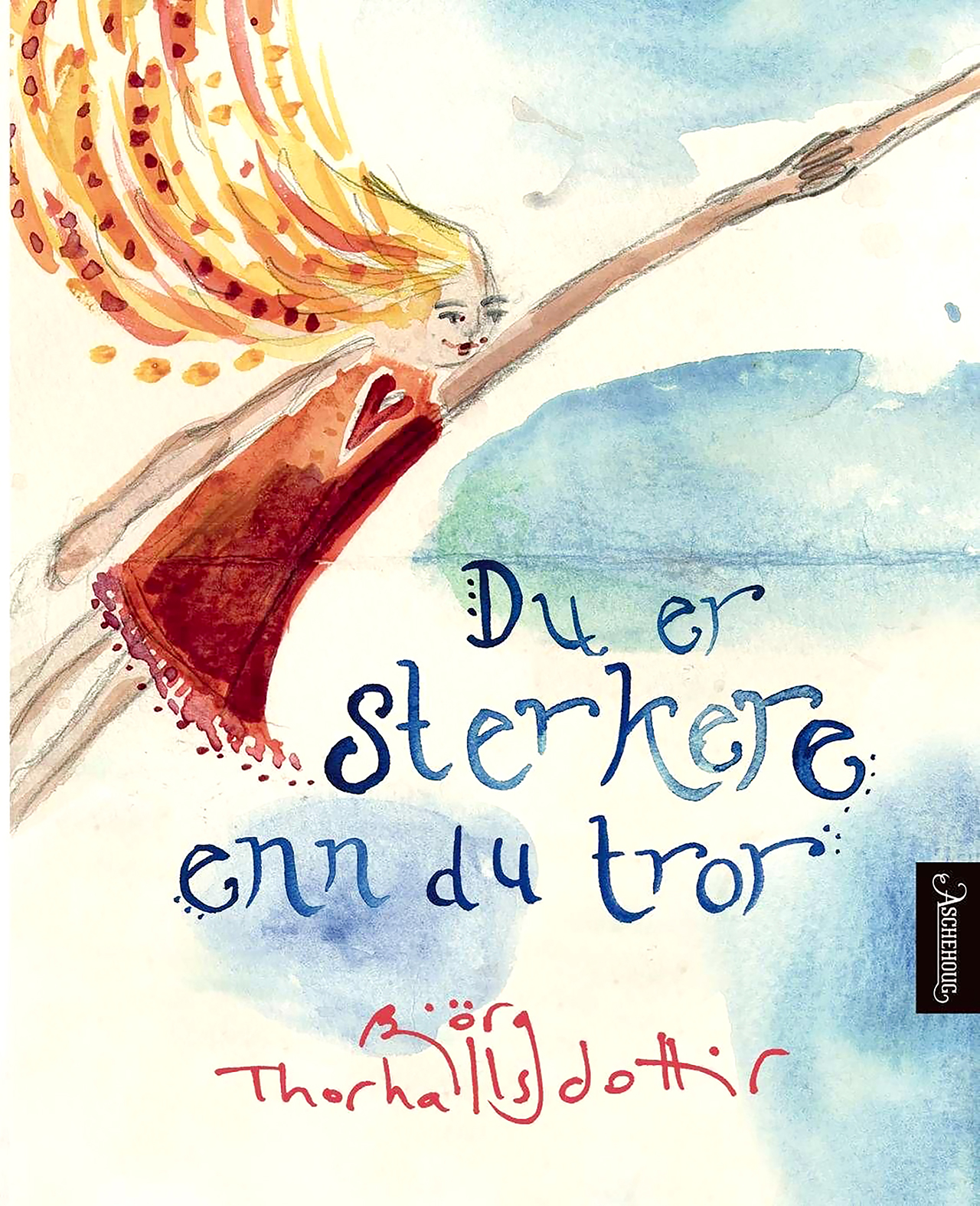 Illustrasjon: Av en blond dame med håret rett ut og oppover som flyr mot himmelen i en rød kjole med hjerte på gjennom blå skyer.