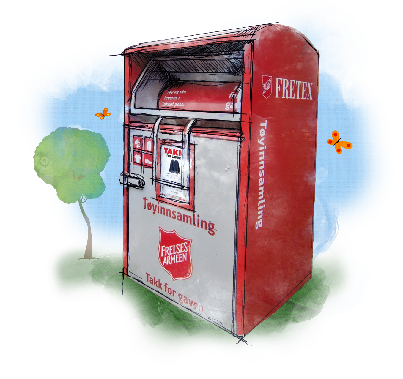 tegnet utgave av en Fretex klesinnsamlingboks