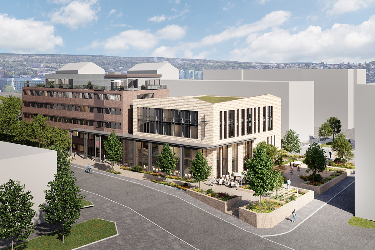 Illustrasjon: Arkitekttegninger i farger av et stort murbygg som består av en eldre del i rød murstein og en nyere del i gul murstein.