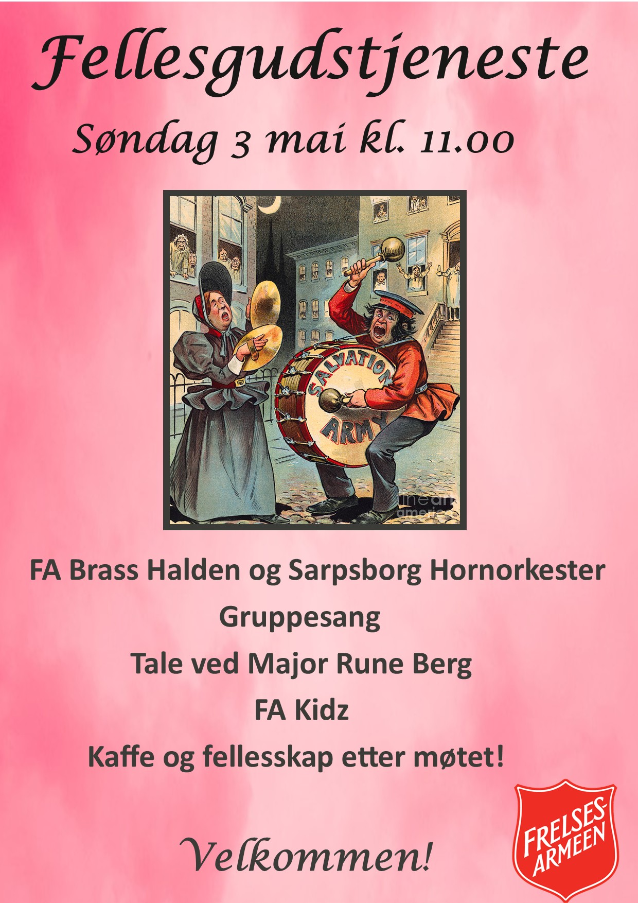Plakat for fellesgudstjeneste i Halden korps søndag 3. mai kl. 11.00