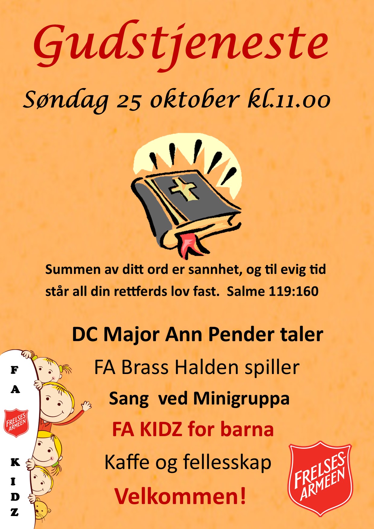 Plakat for gudstjeneste i Halden korps søndag 25. oktober kl 11.00.