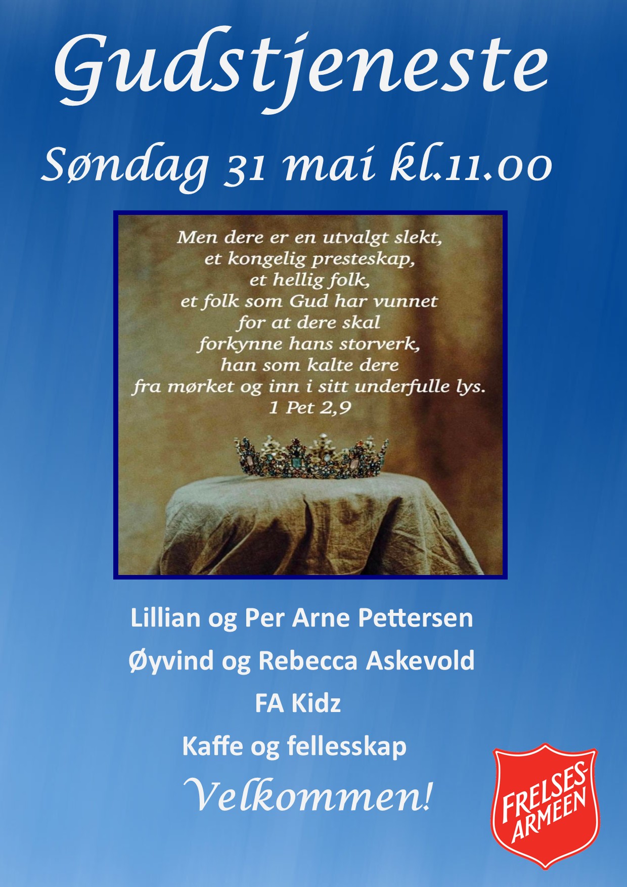 Plakat for gudstjeneste i Halden korps søndag 31. mai kl. 11.00