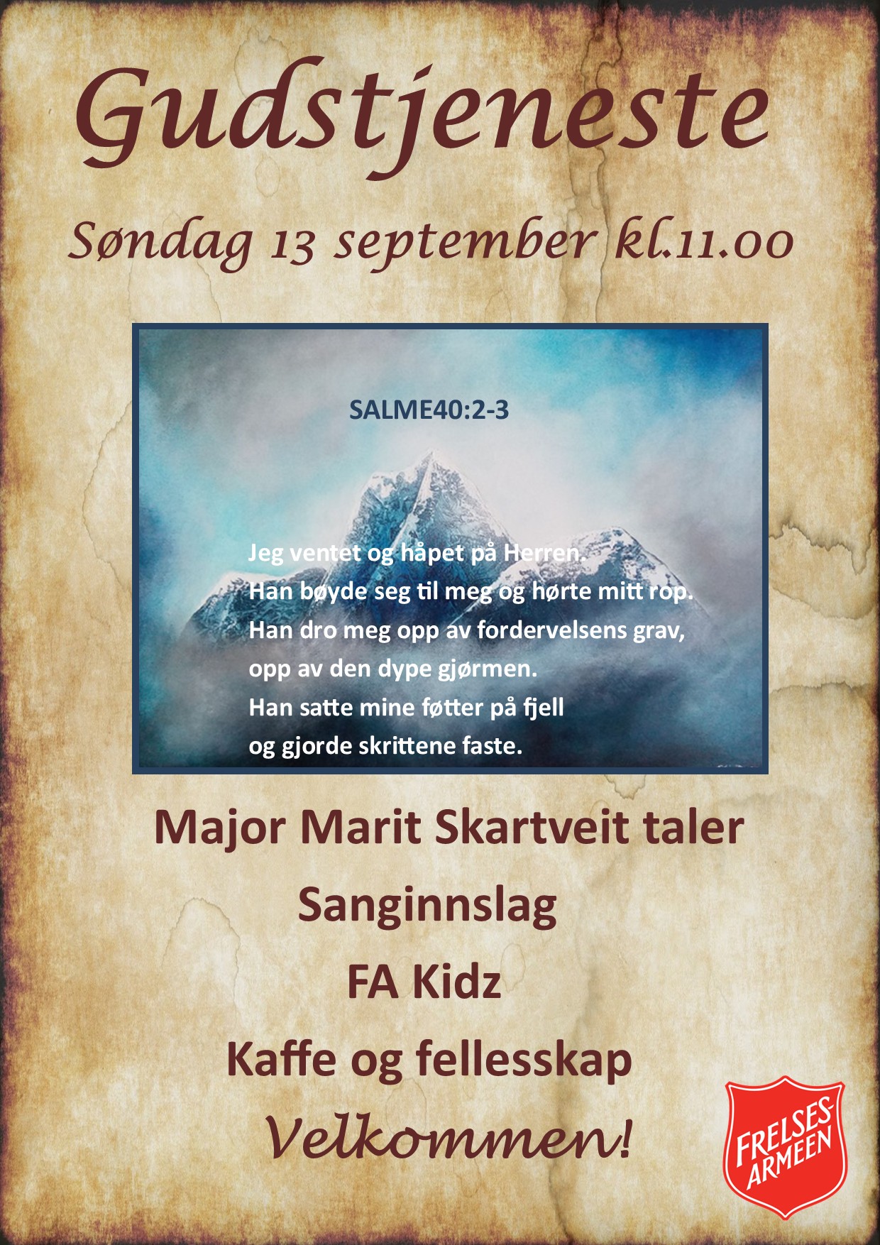 Plakat for gudstjeneste i Halden korps søndag 13. september kl. 11.00.