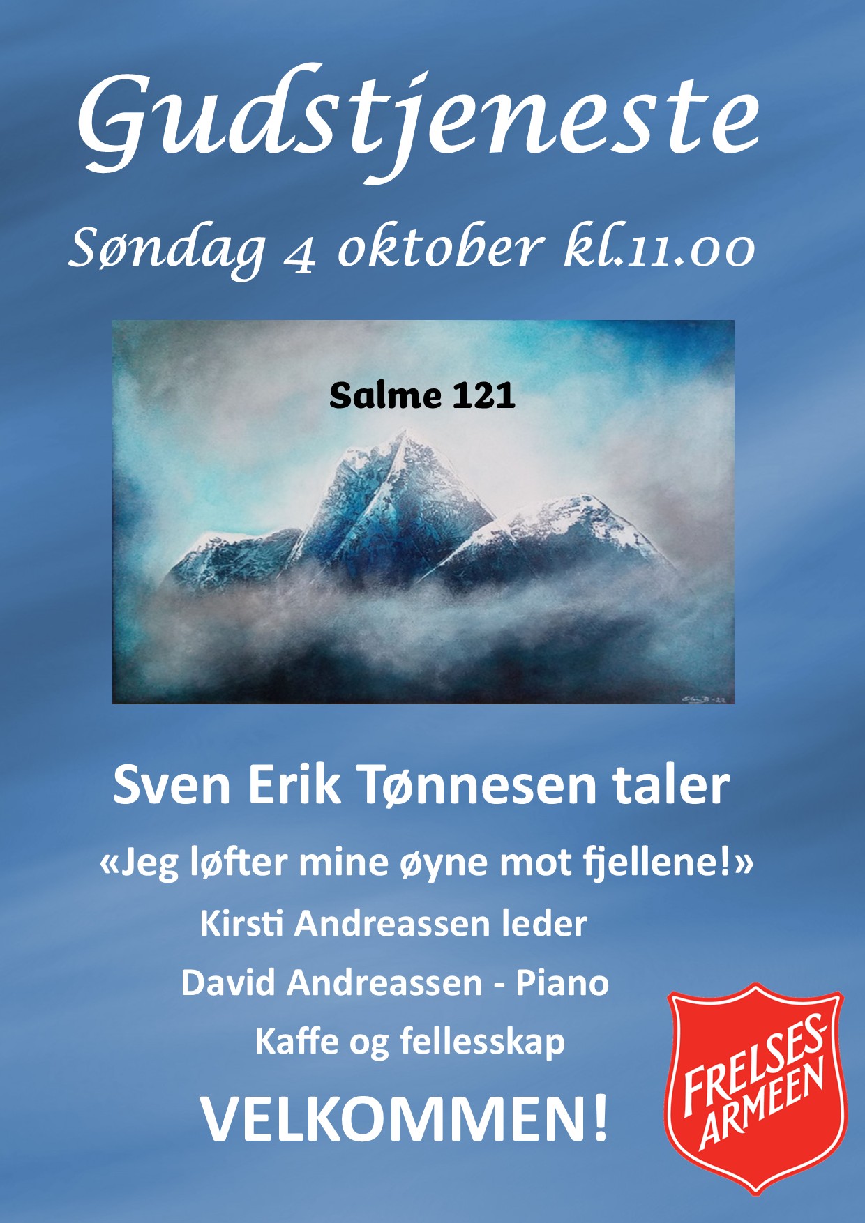 Plakat for gudstjeneste i Halden korps søndag 4. oktober kl. 11.00.