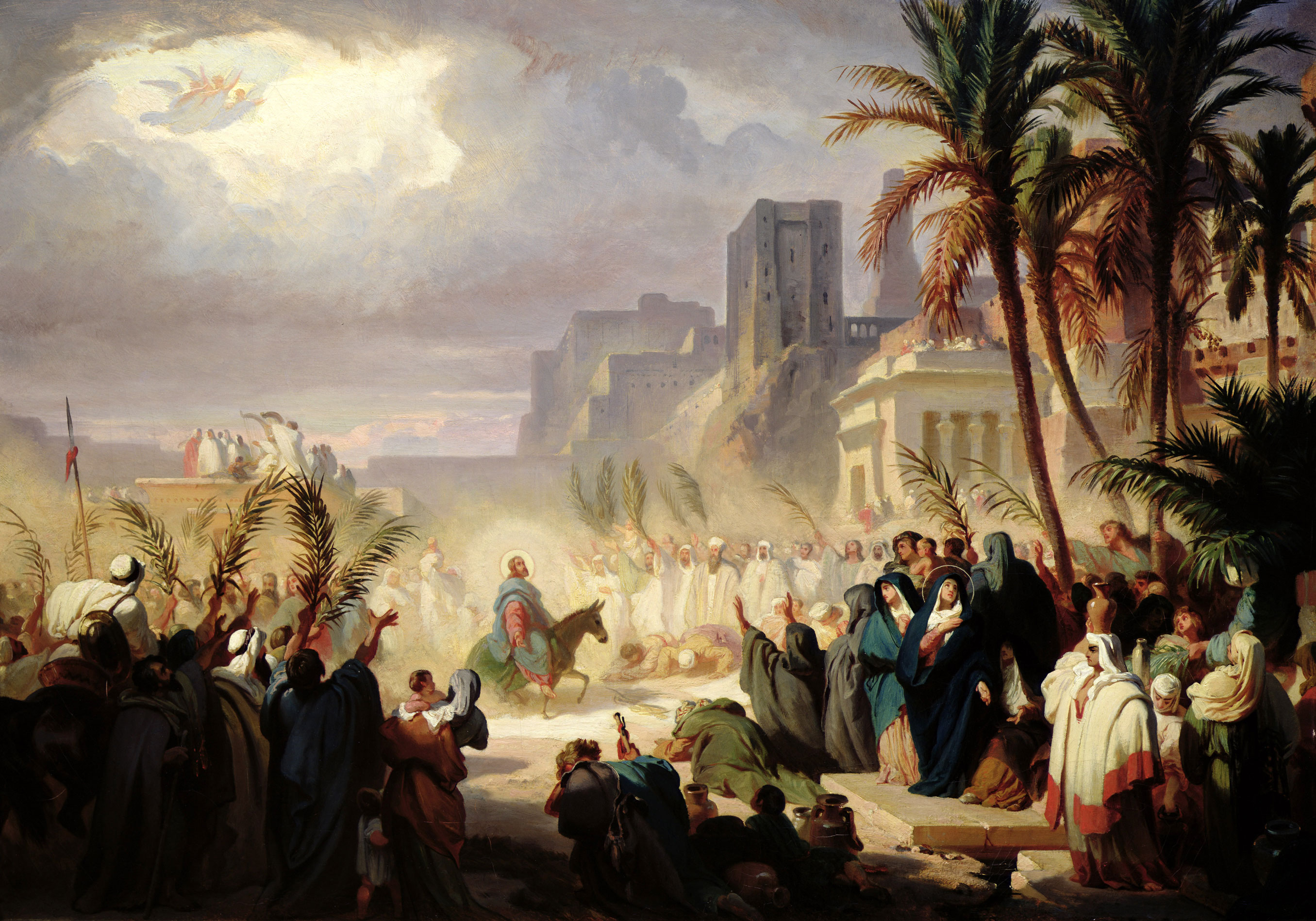 Maleri: Jesus rir på et esel midt i en folkemengde. Bildet er lyst rundt Jesus og noen av menneskene bak, menneskene i forgrunnen er i delvis mørke. Folkemengden holder palmeblader. I bakgrunnen sees bygninger, og et lyst felt på en ellers grå himmel hvor engler kan skimtes.